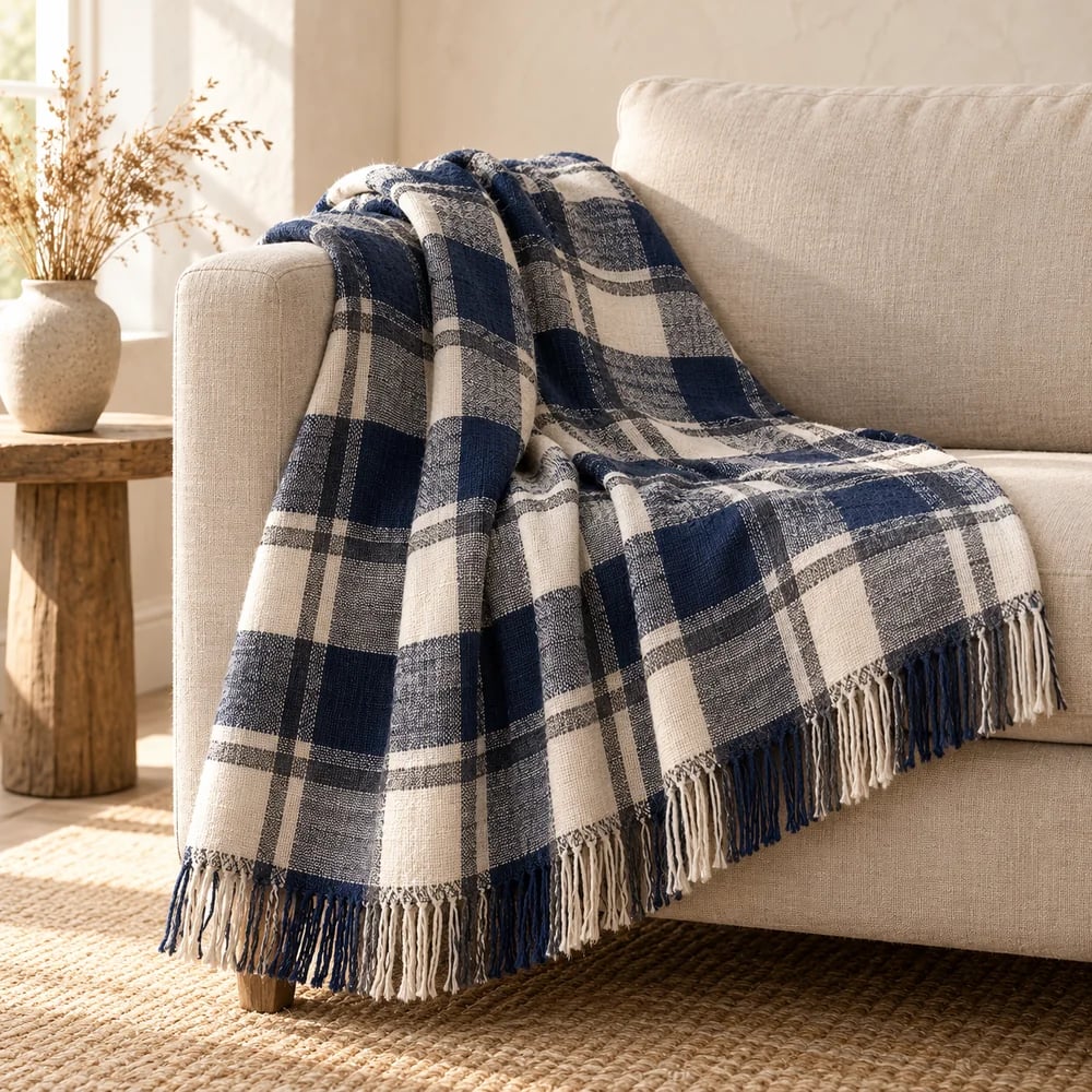 Plaid throw in navy