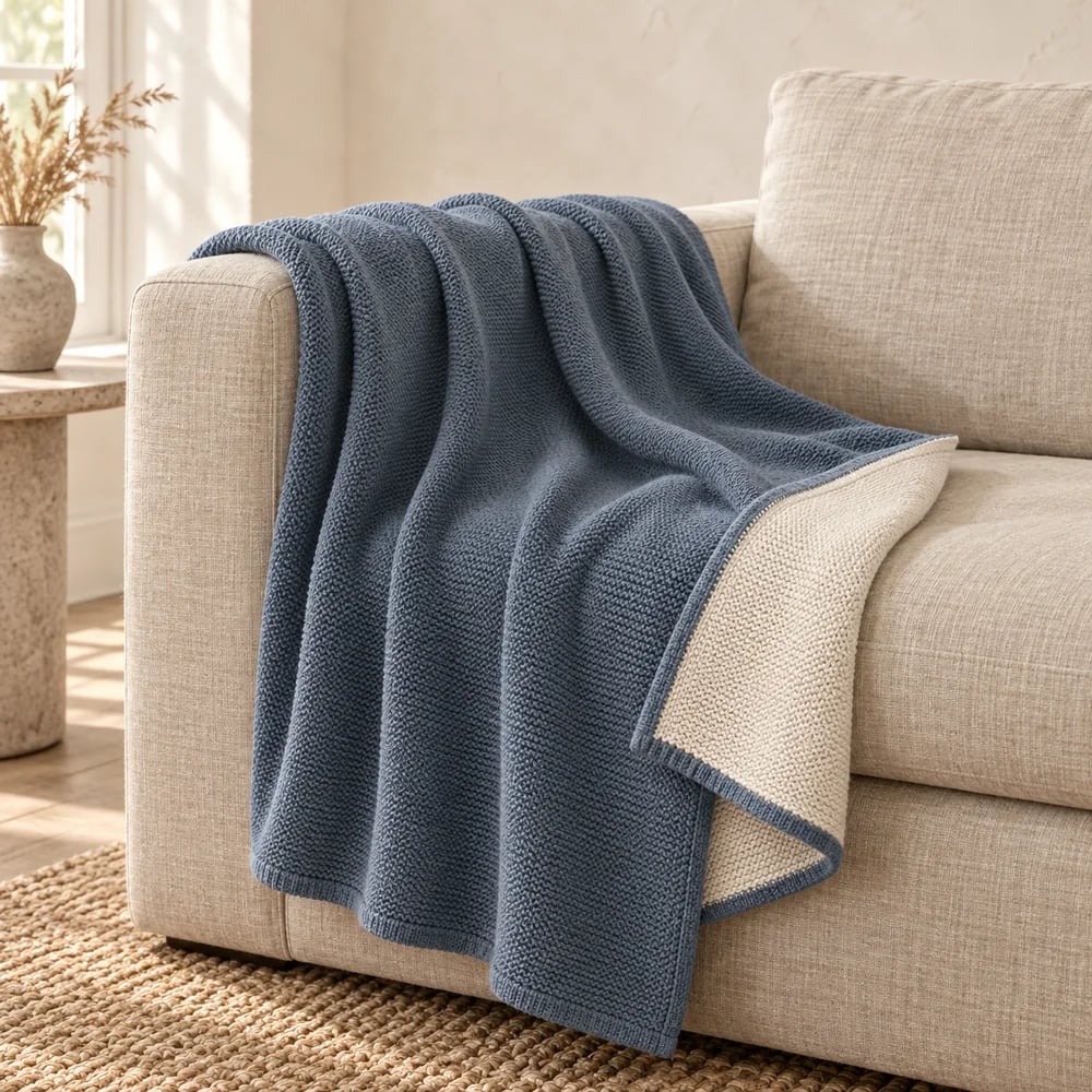 Reversible knit throw in slate blue