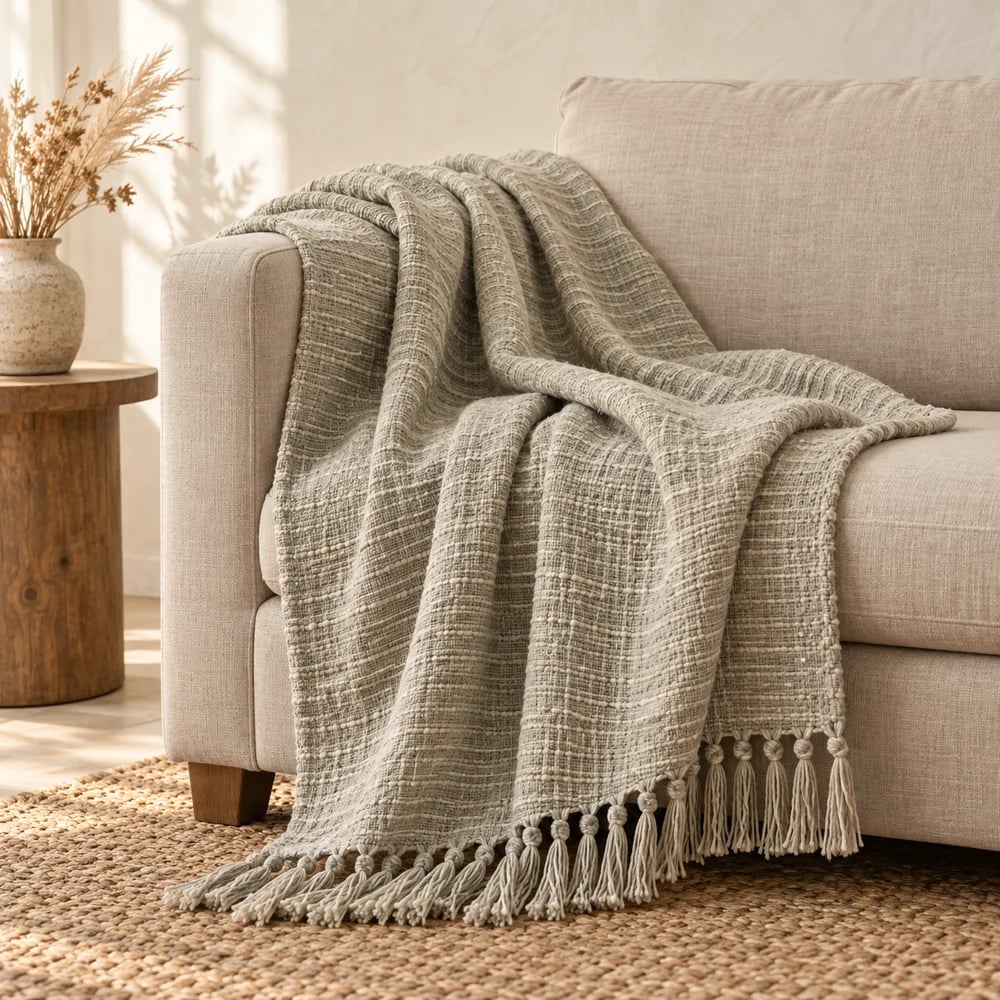 Slub handloom throw in stone