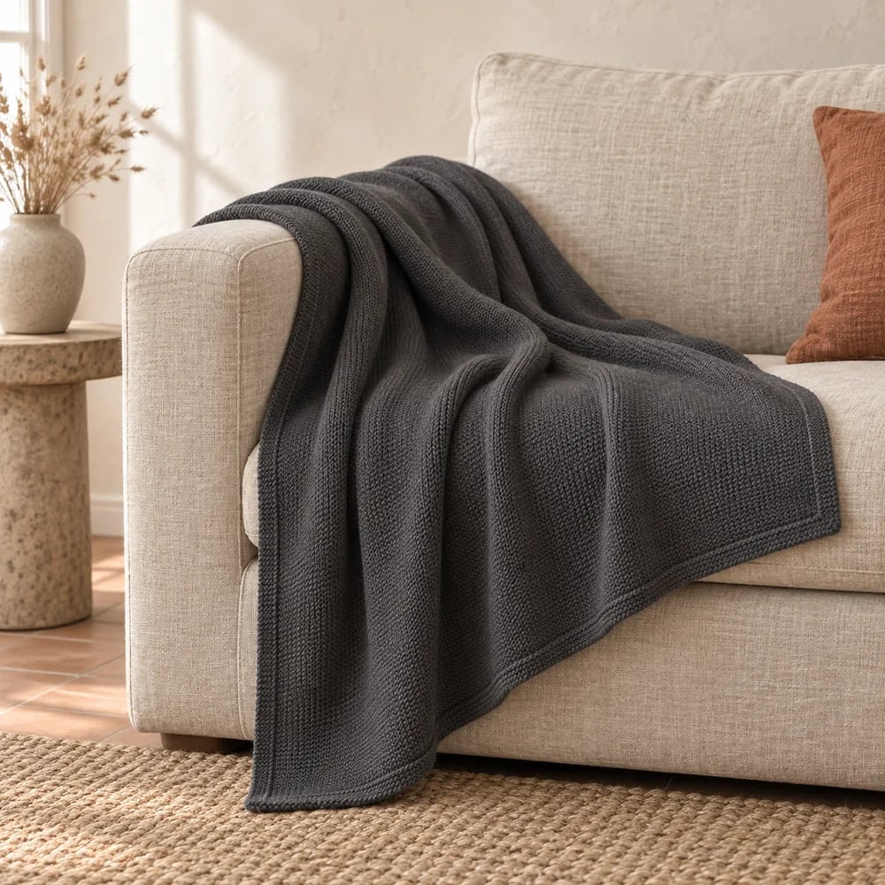 Solid knit throw in charcoal