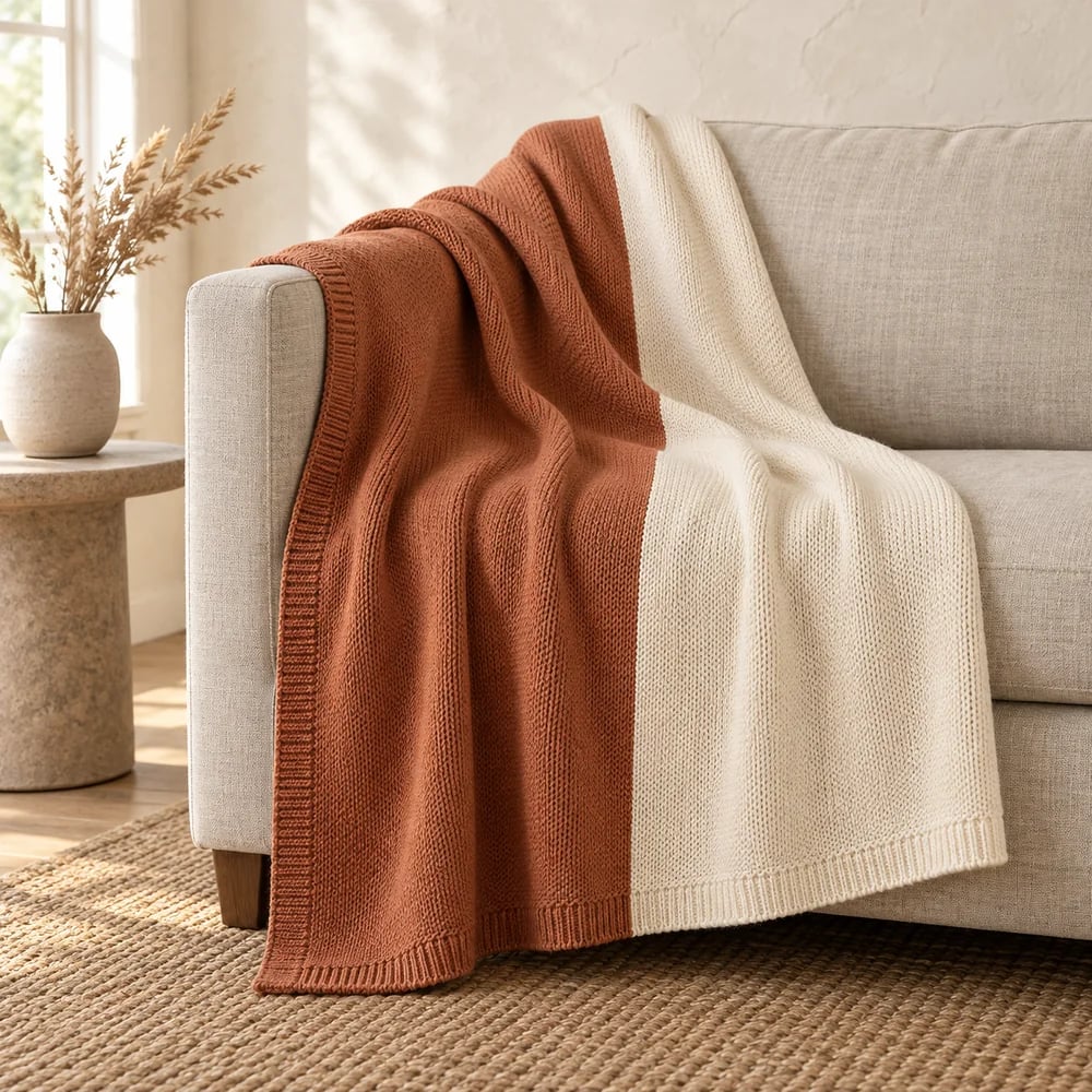 Colourblock knit throw in terracotta