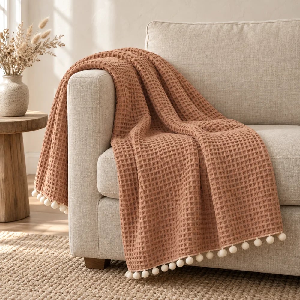 Waffle throw, pom-pom trim in clay