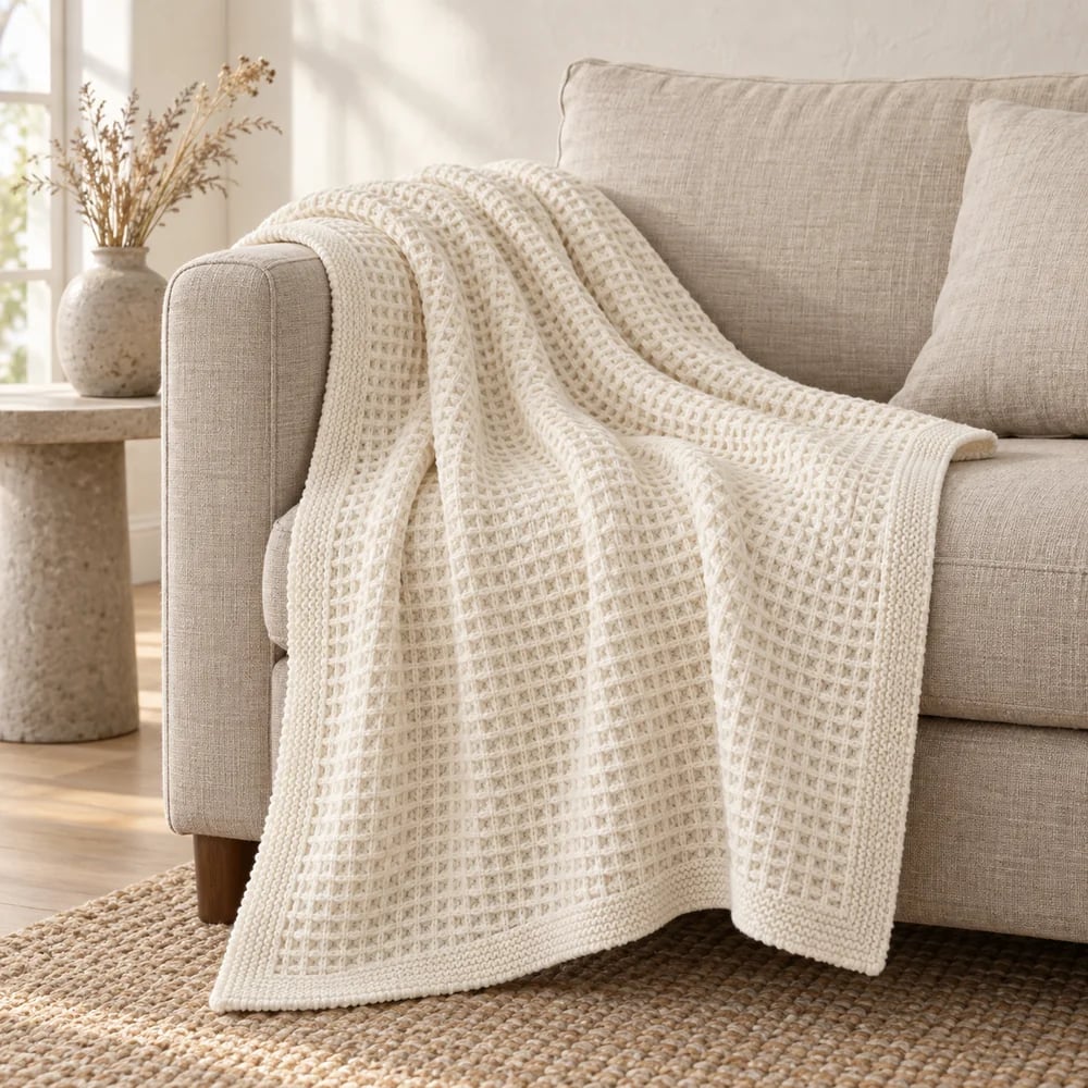 Waffle stitch knit throw in ivory