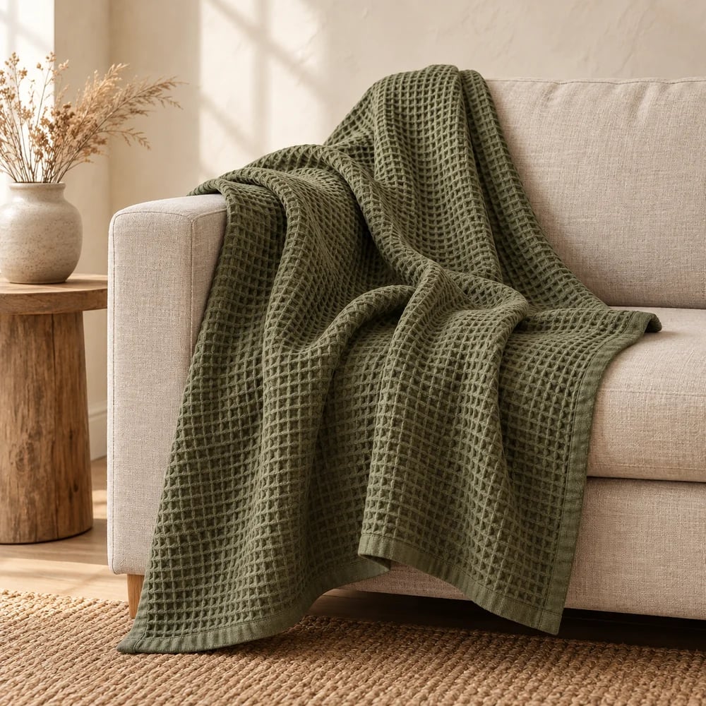 Waffle weave throw in olive