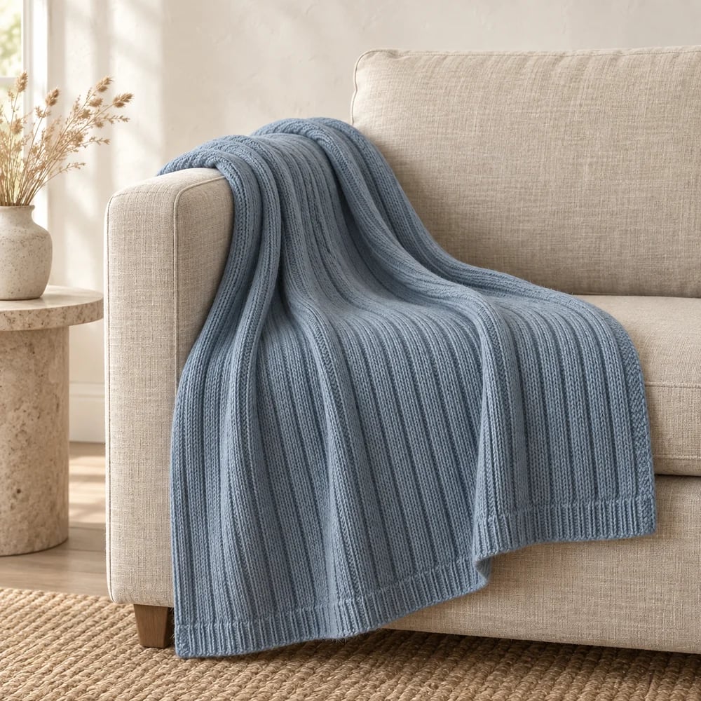 Rib knit throw in muted blue