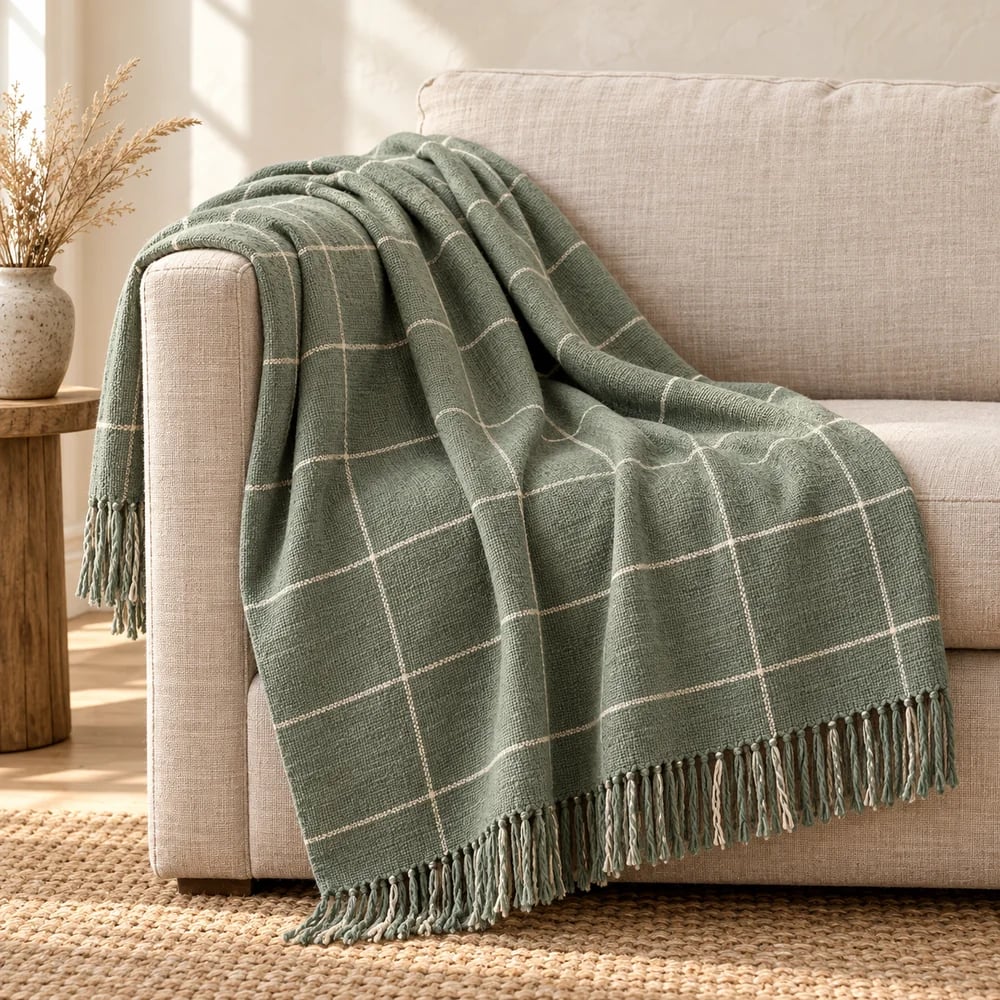 Windowpane check throw in eucalyptus