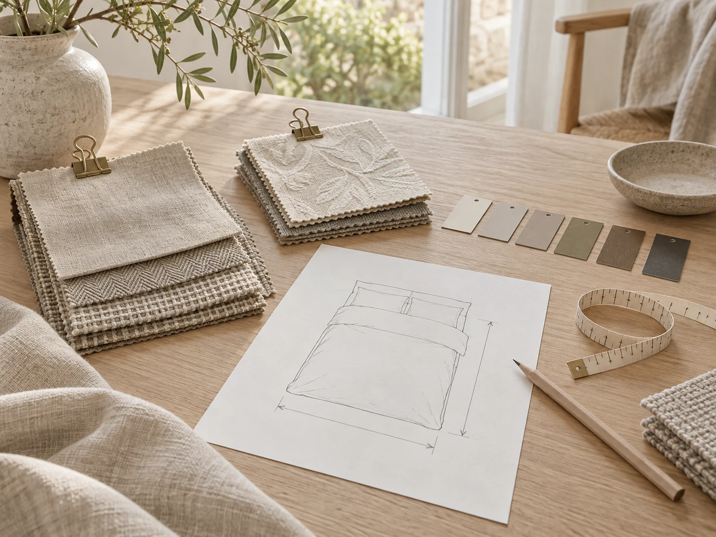 Linen, herringbone, waffle and jacquard swatches beside colour chips, a tape measure and a duvet cover sketch