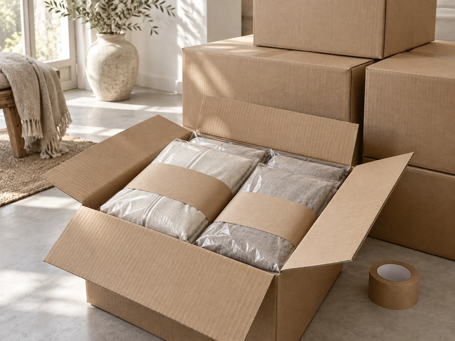 Linen bedding sets in polybags with kraft belly bands, packed in plain corrugated export cartons
