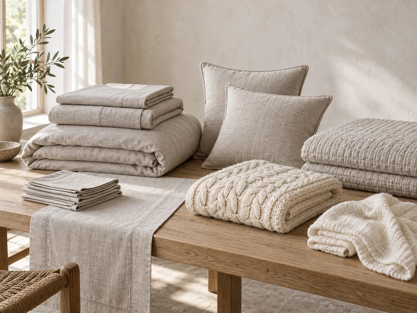 Folded linen bedding, cushions, a quilted coverlet, table linen, a cable-knit throw and a muslin baby blanket on an oak table