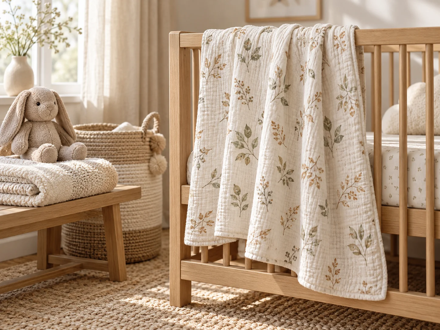 Printed blanket over a cot rail with folded blanket and nursery storage