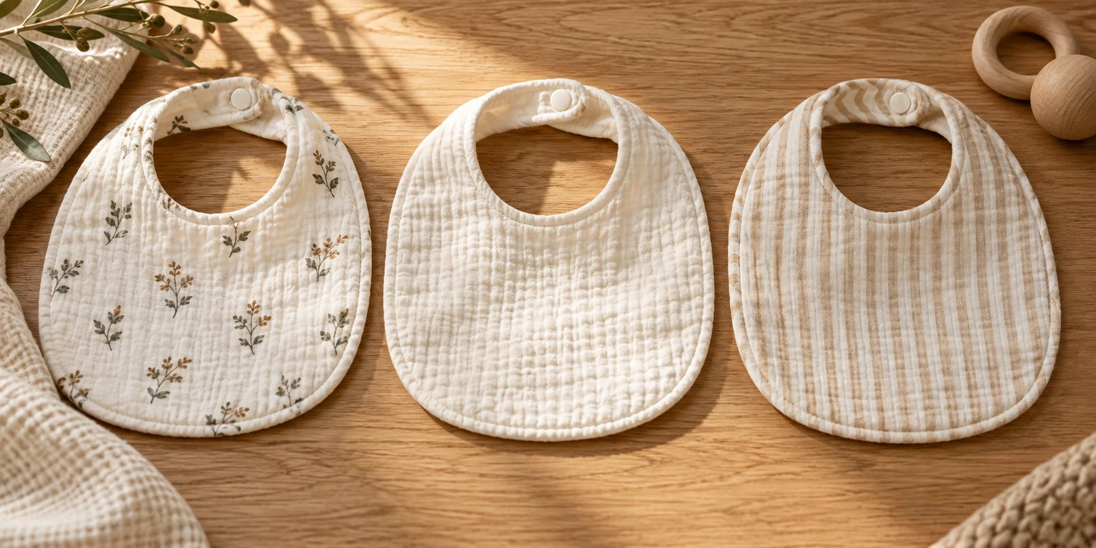 Three bibs arranged on oak