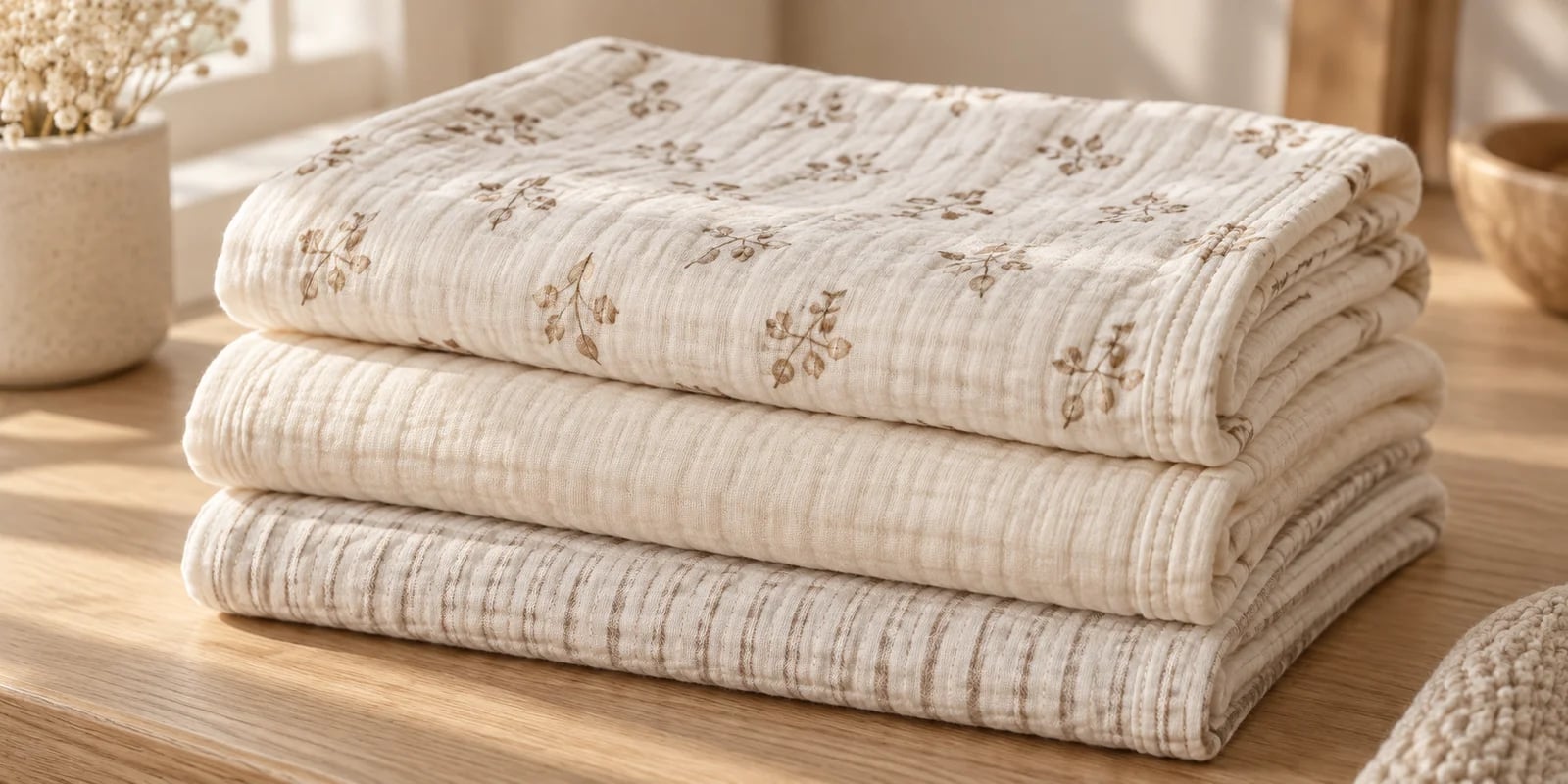 Three folded cloths in printed, plain and striped designs