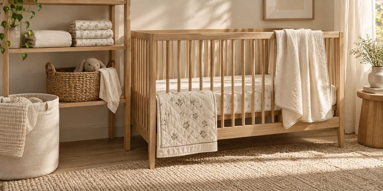 Cot bedding, folded swaddles and nursery storage