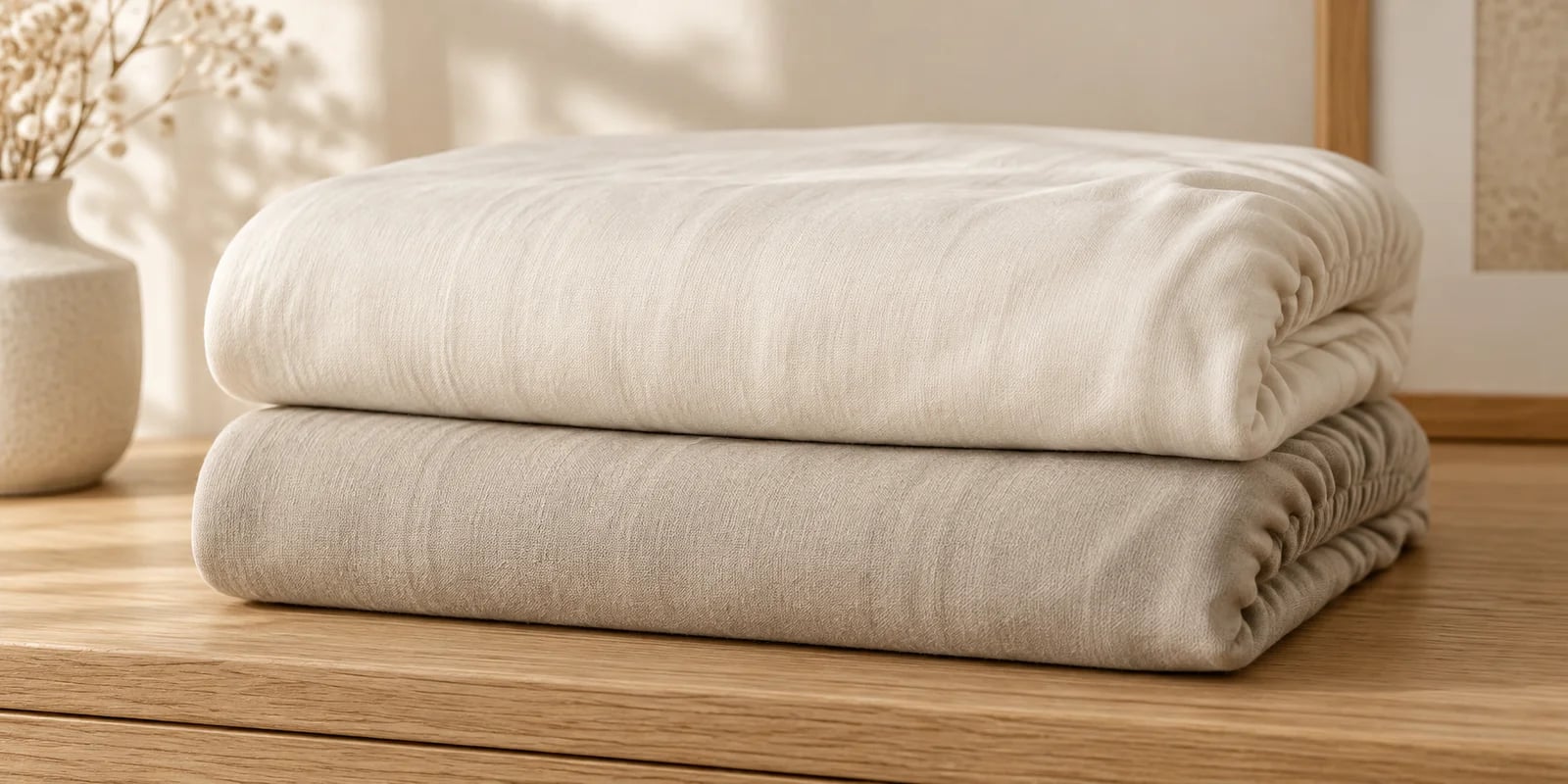 Two folded fitted cot sheets in ivory and stone