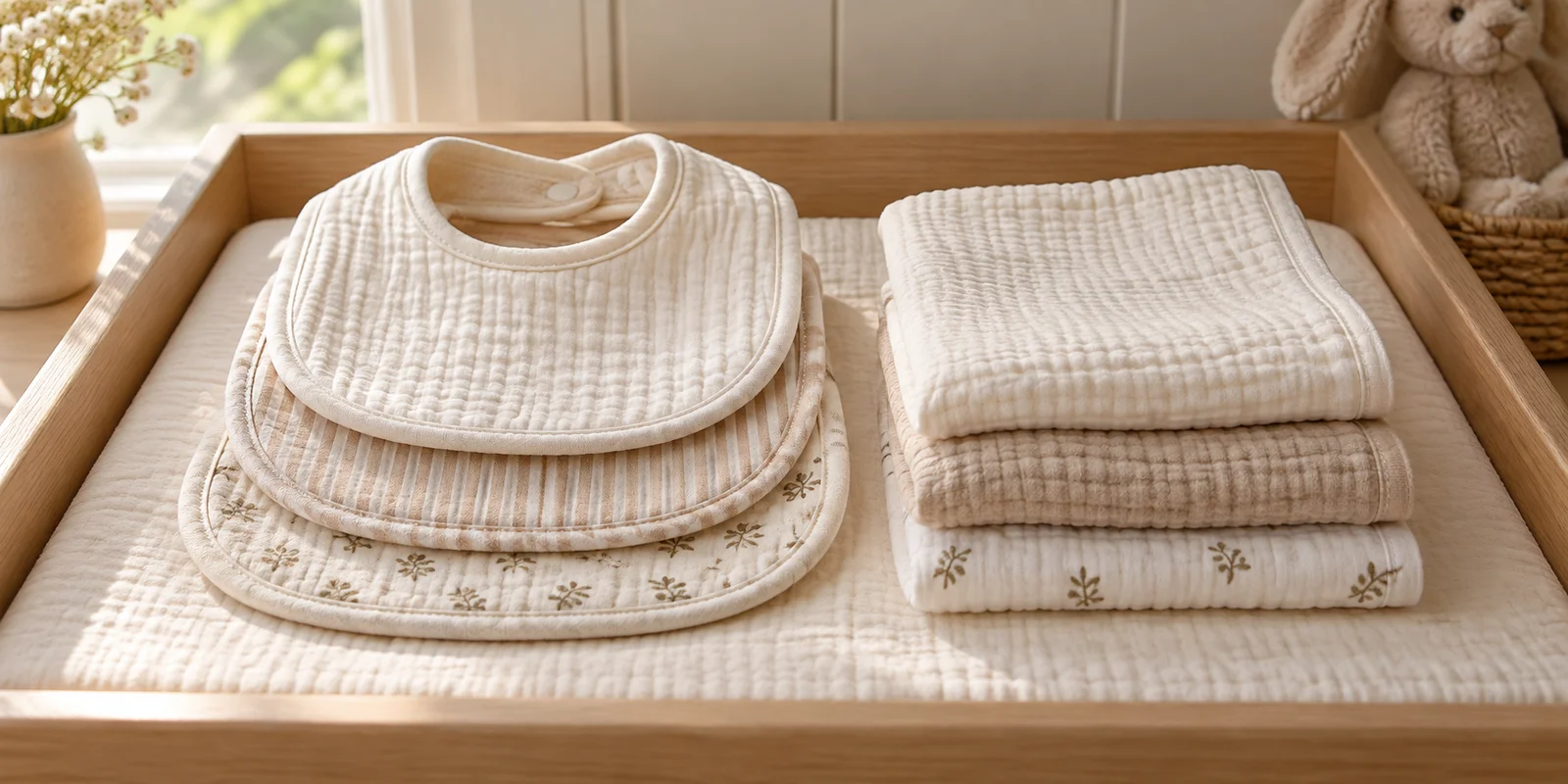 Three bibs beside three folded cloths