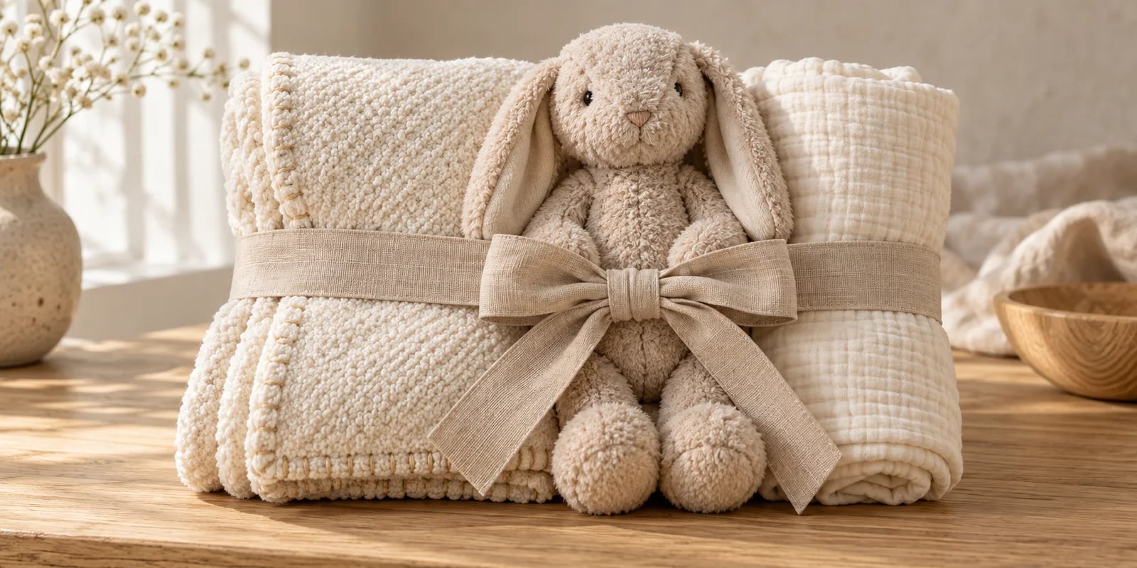 Blanket, stuffed rabbit and swaddle tied with a ribbon