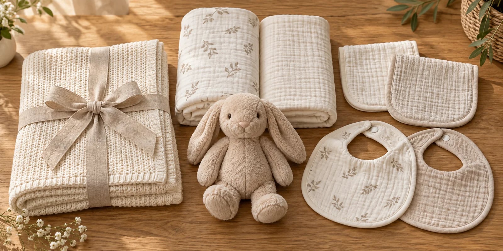 Blanket, swaddles, cloths, bibs and stuffed rabbit arranged on oak