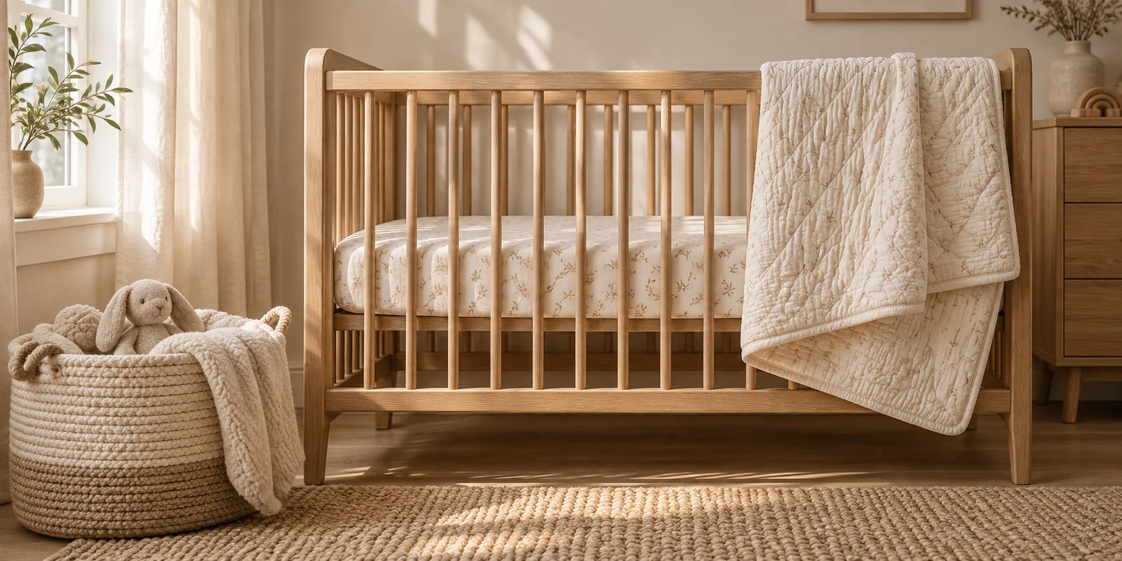 Cot with a fitted sheet, quilt and basket alongside