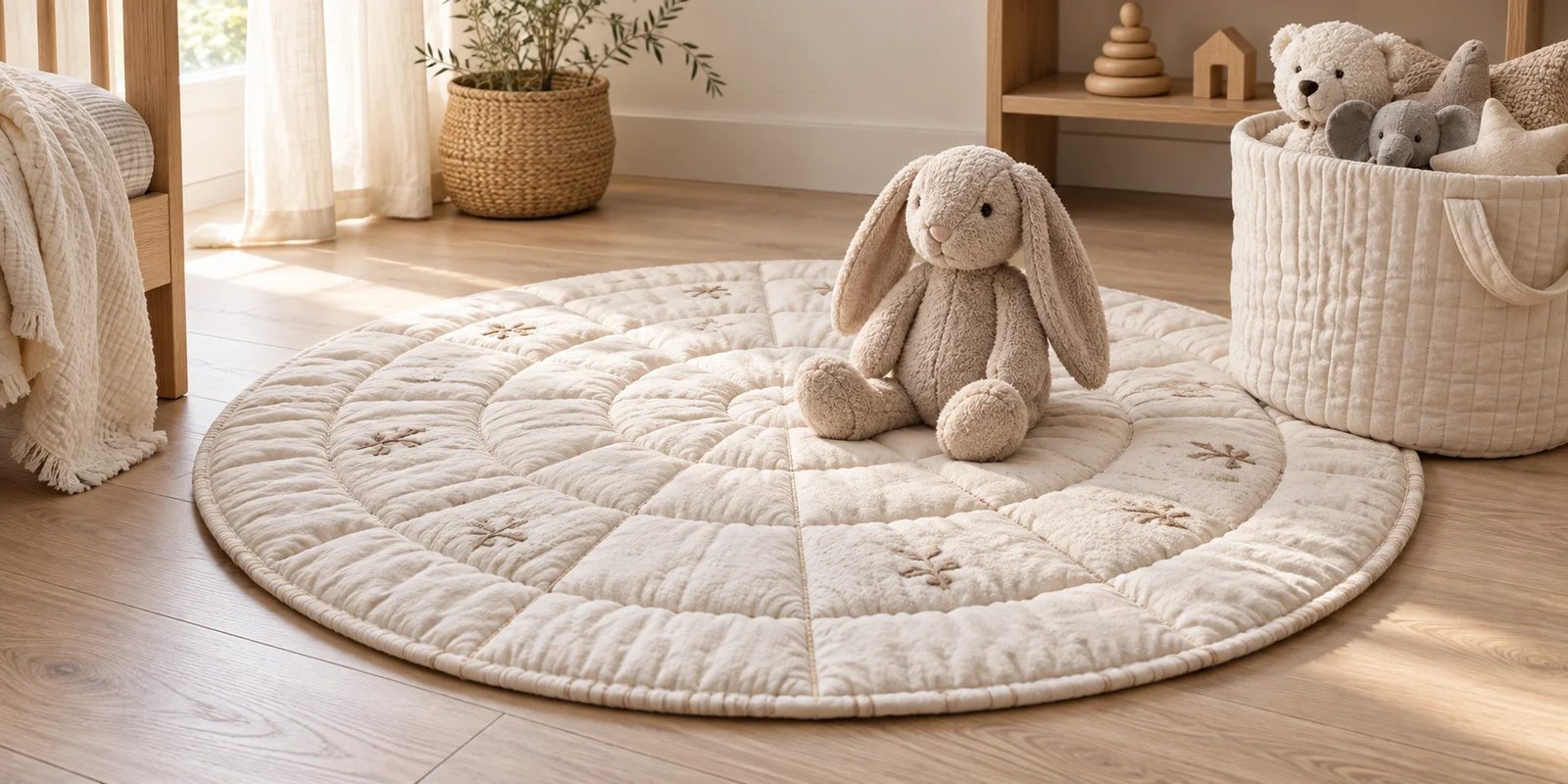 Quilted play mat with a stuffed rabbit and storage bucket
