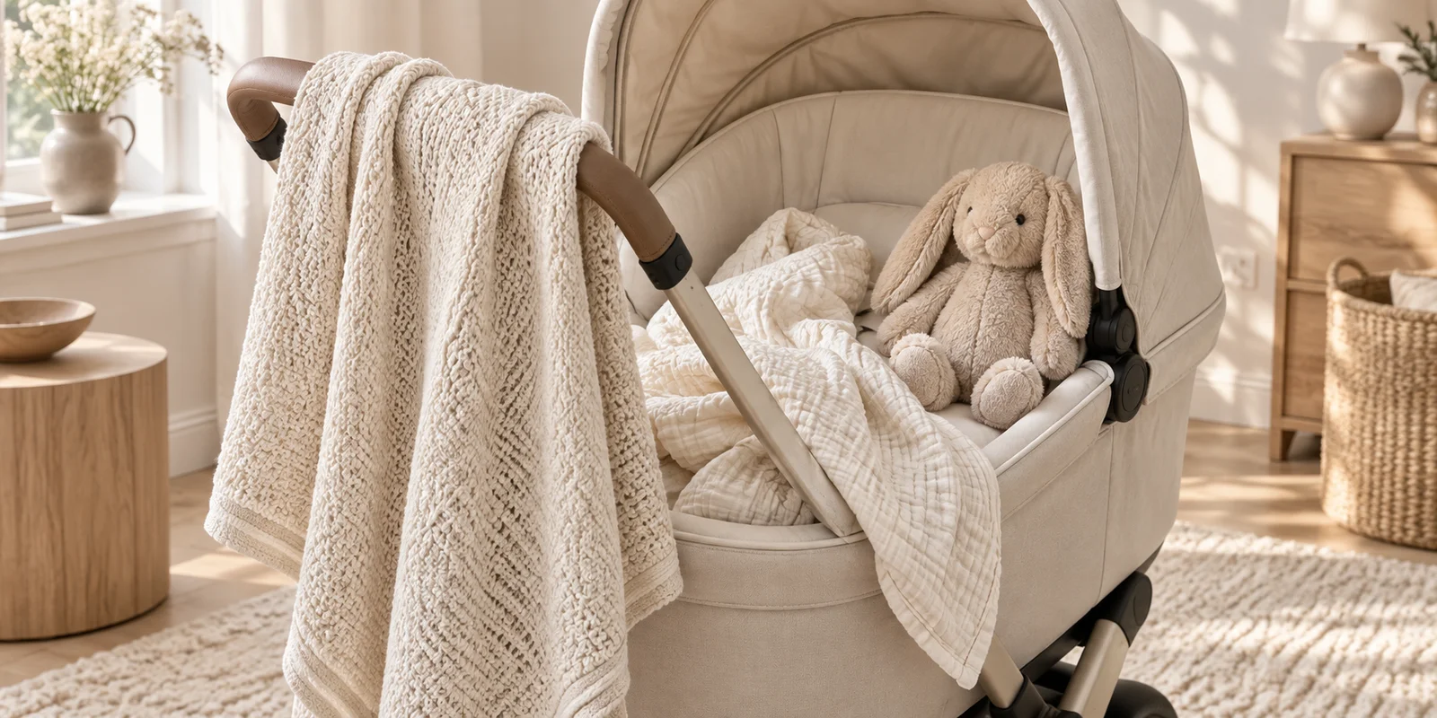 Throw, swaddle and stuffed rabbit in a pale pram