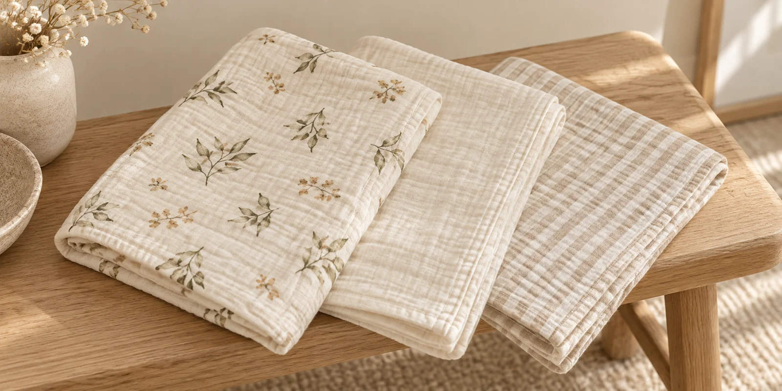Three folded swaddles in printed, plain and striped designs