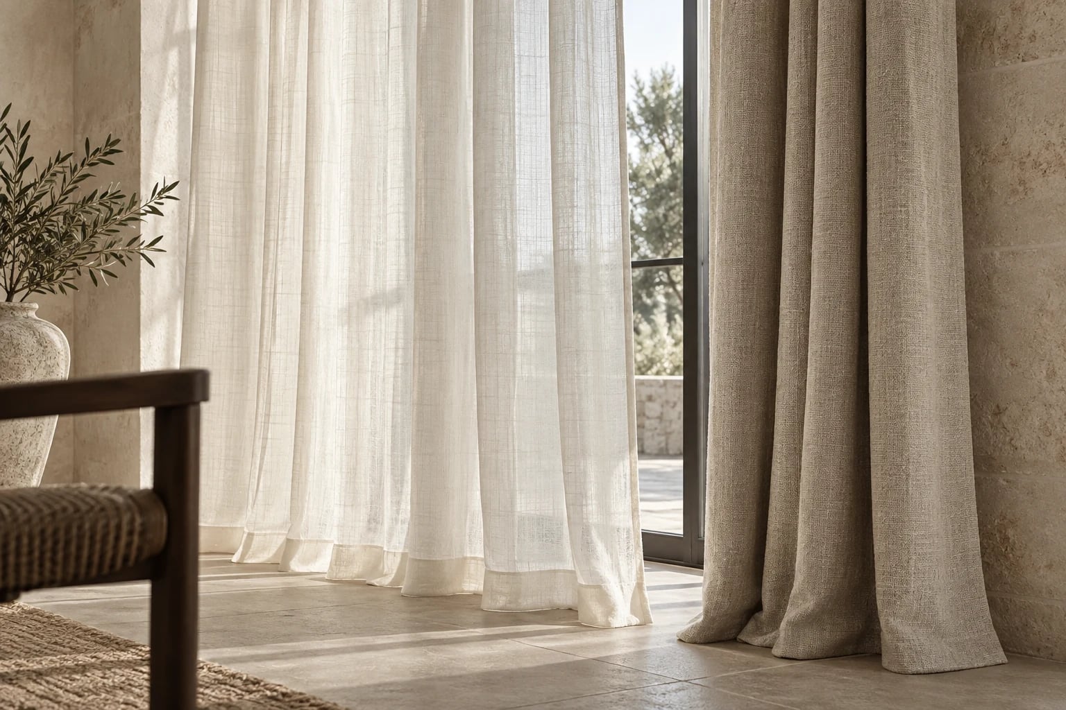 Sheer linen curtains diffusing sunlight in a bright room
