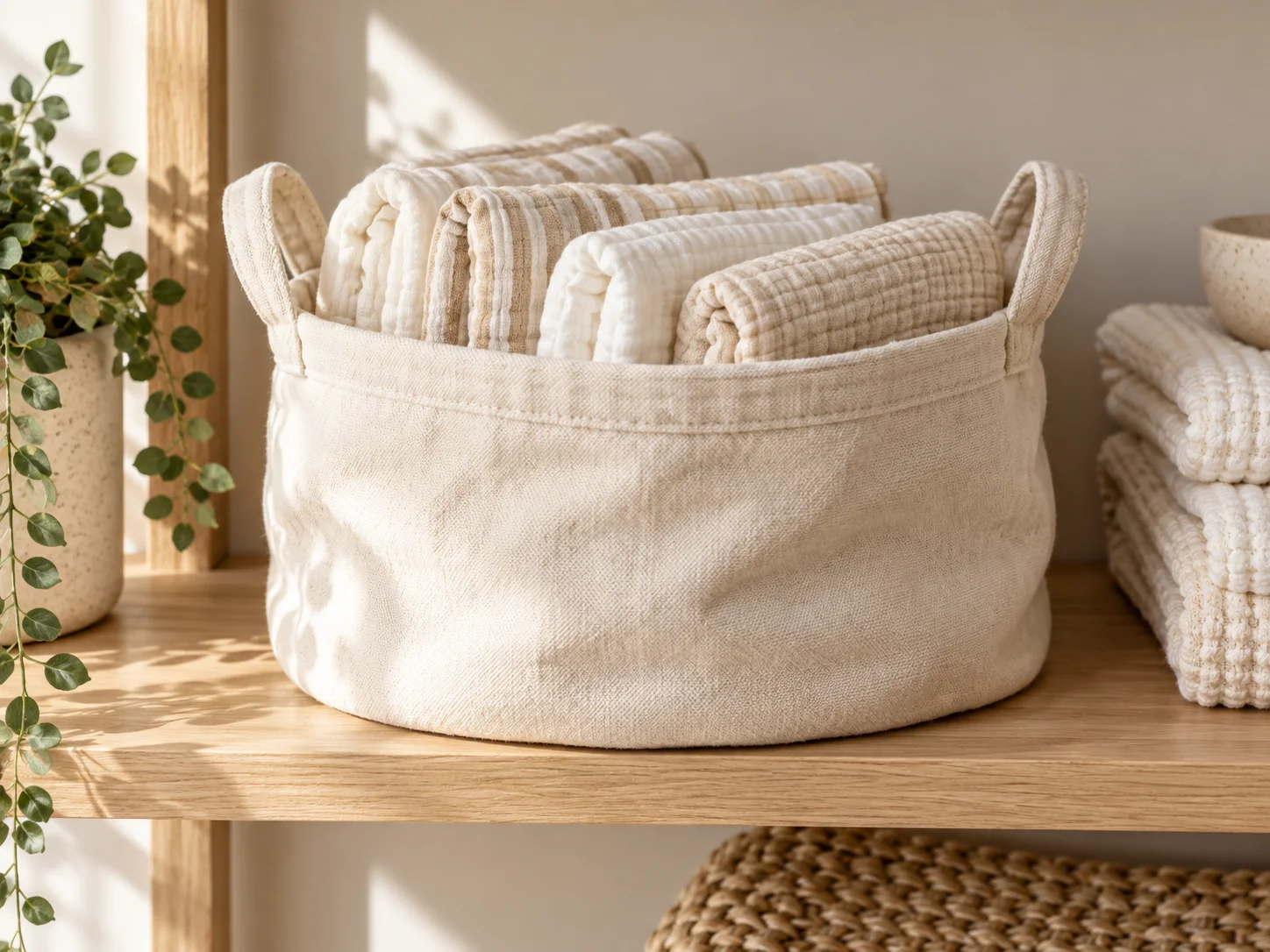 Soft ivory storage basket holding folded cloths
