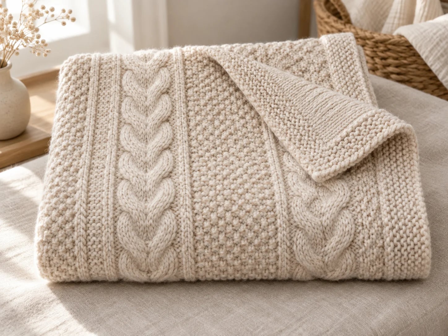 Folded oat baby blanket with textured panels