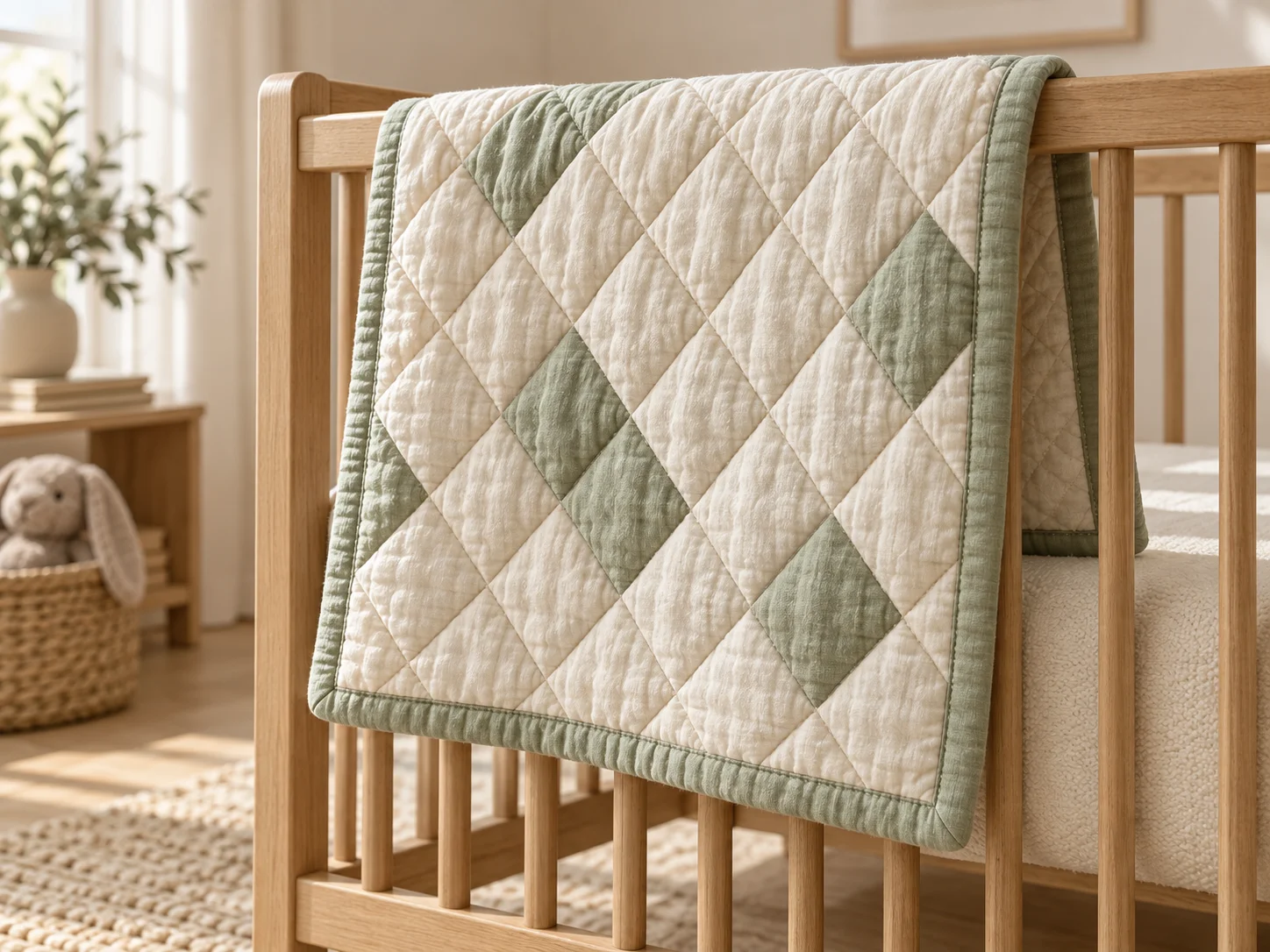 Ivory and sage diamond-quilted blanket over a cot rail