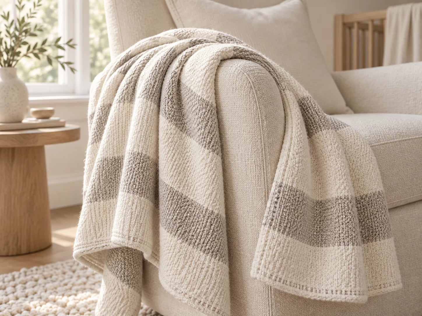 Ivory and stone striped throw over a chair arm