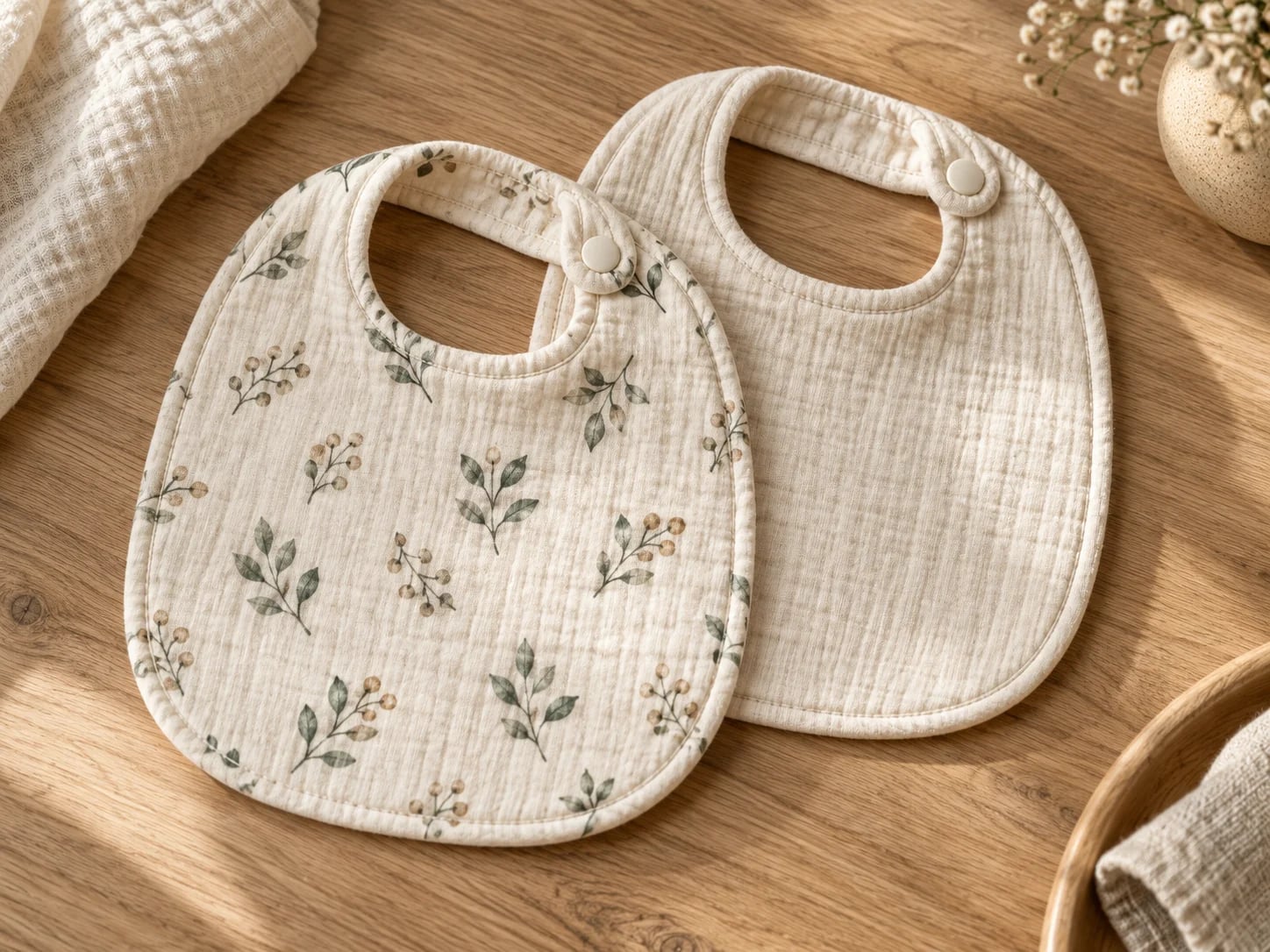 Printed and plain bibs on oak