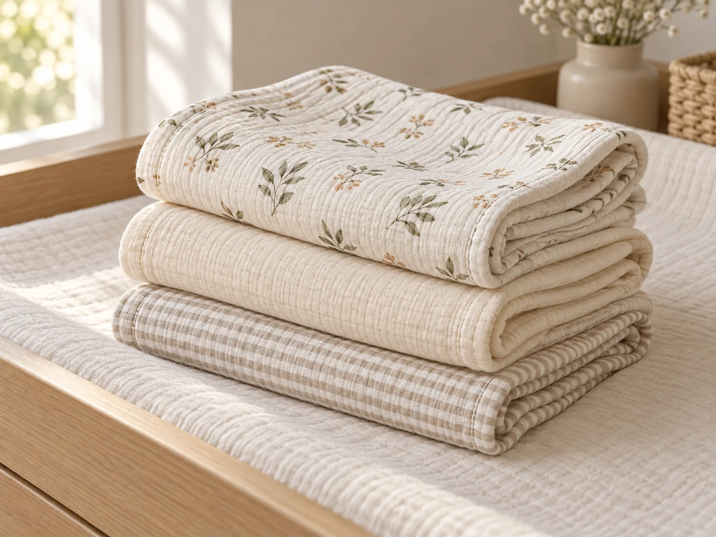 Printed, plain and striped cloths in a folded stack