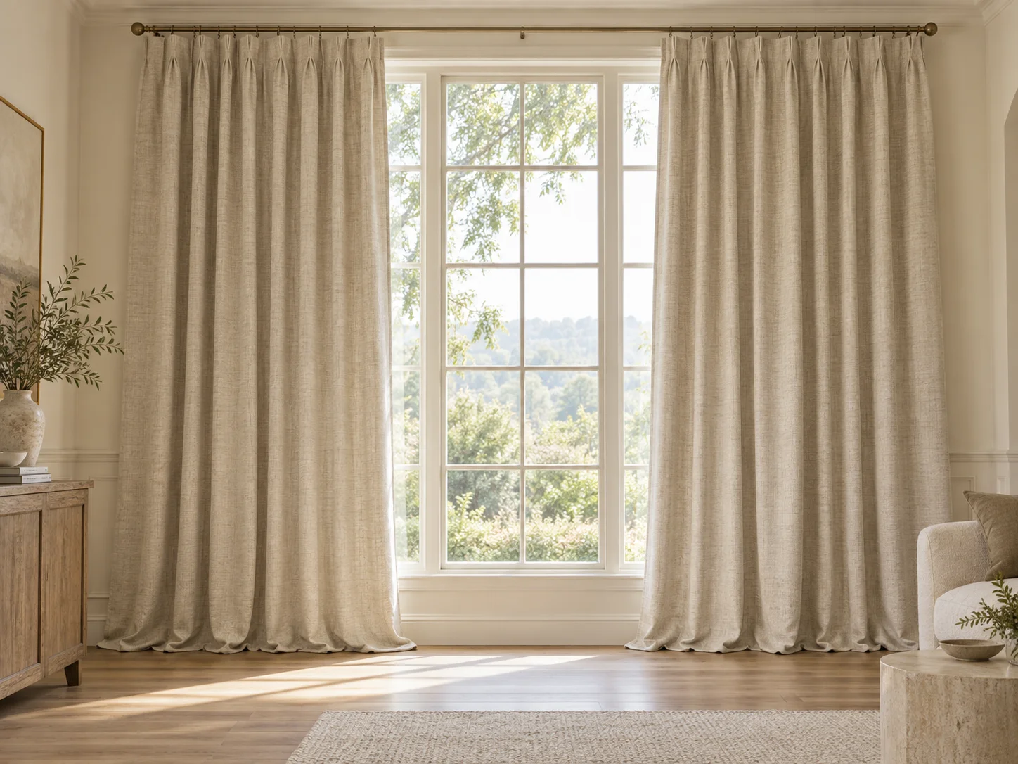 Oatmeal drapes framing a tall window