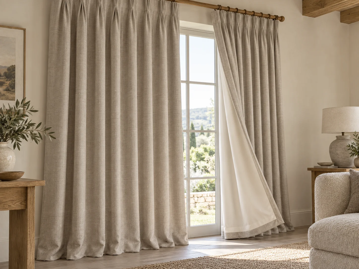 Stone curtain with pinch pleats and an ivory lining
