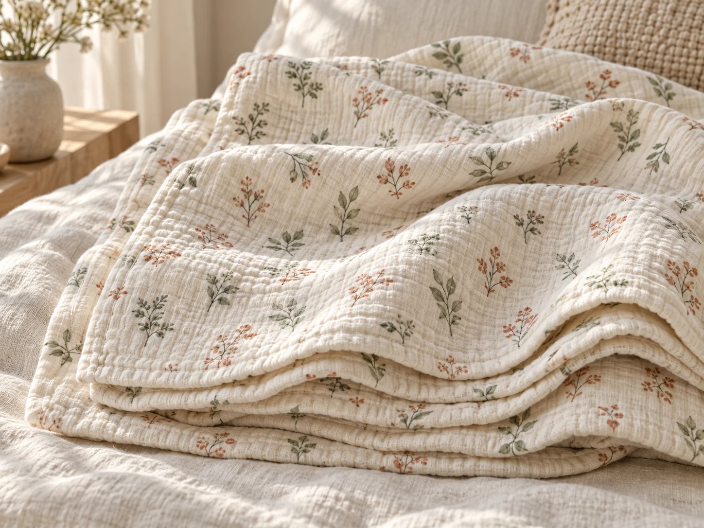 Botanical printed muslin blanket with a crinkled surface