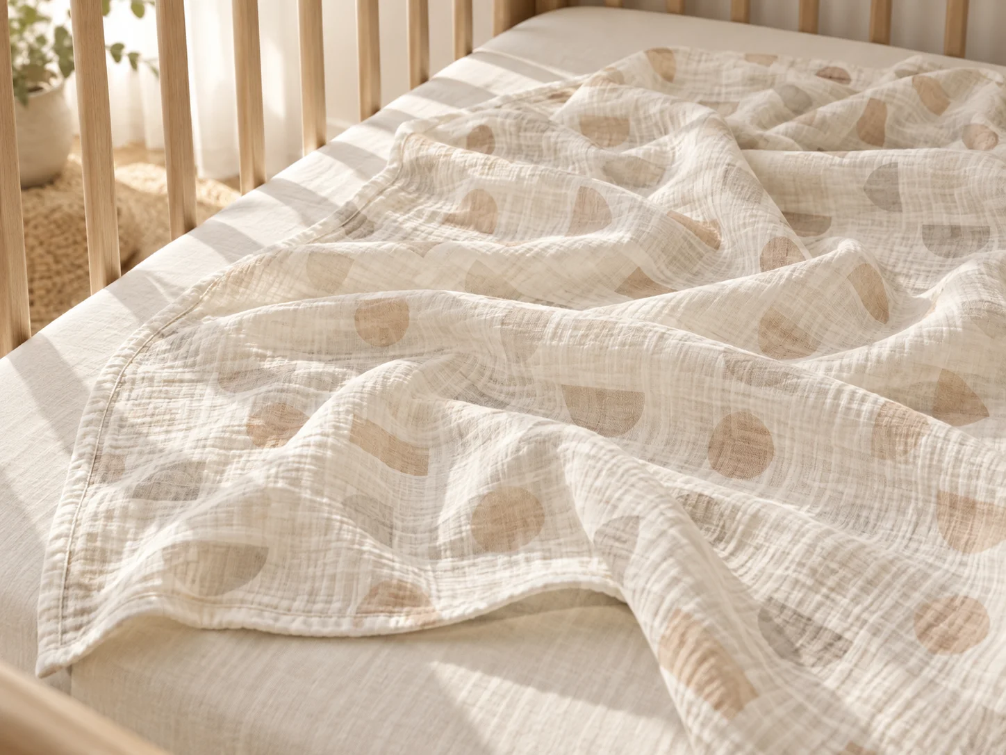 Geometric printed swaddle spread over a cot mattress