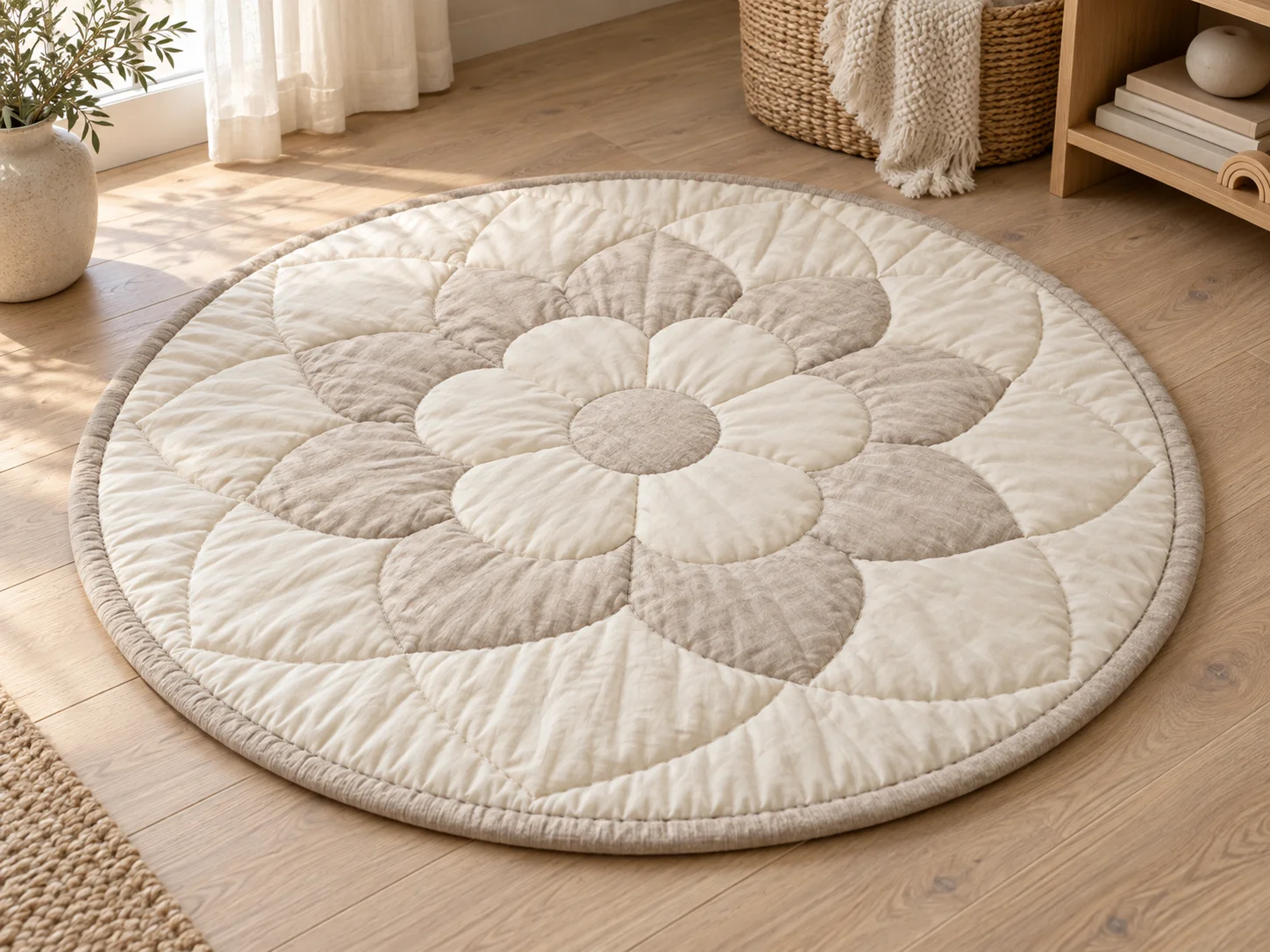 Round ivory and stone quilted play mat