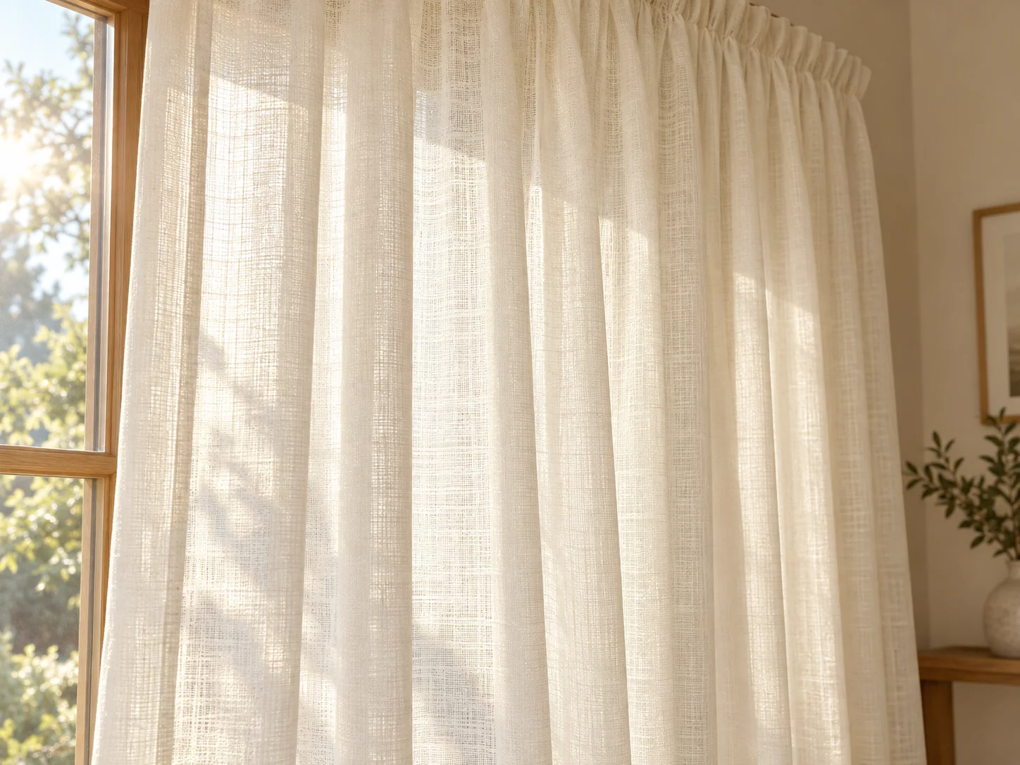 Sheer ivory curtain filtering daylight