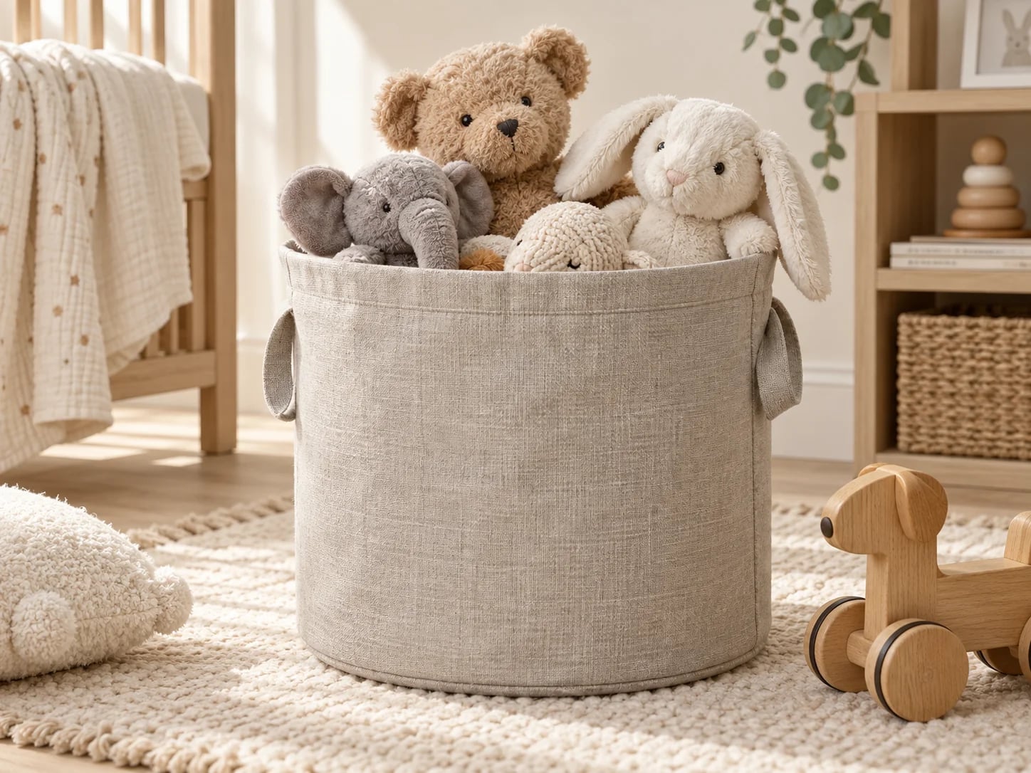 Stone fabric storage bucket holding soft toys
