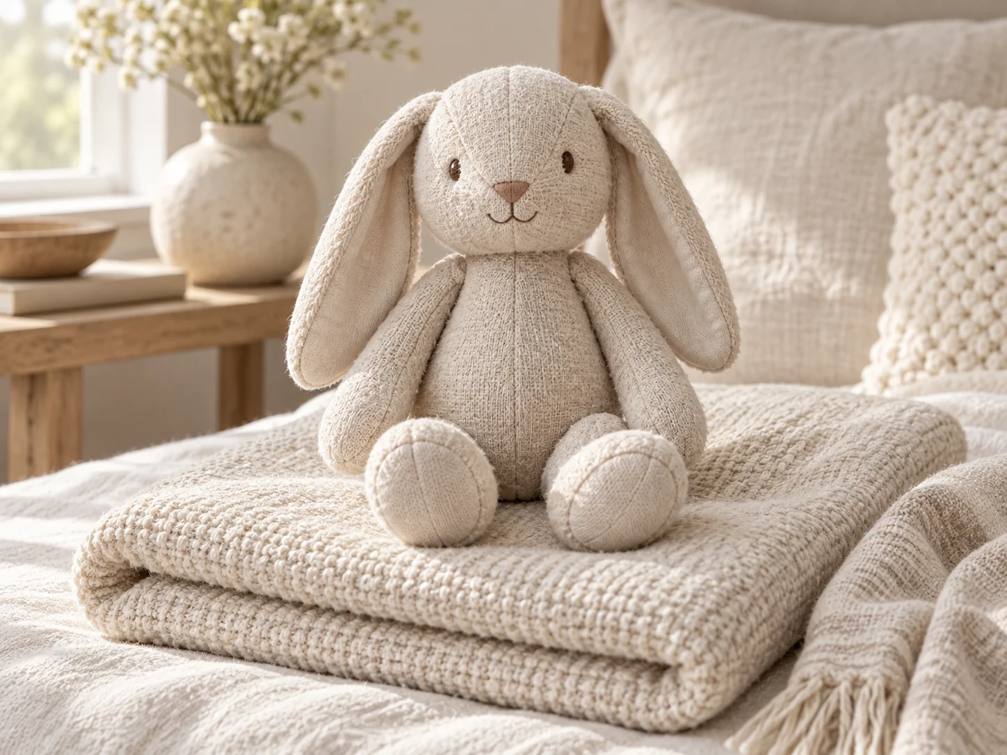 Oatmeal stuffed rabbit seated on a folded blanket