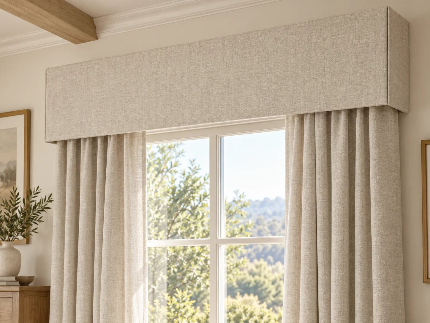 Tailored flat valance above matching curtains