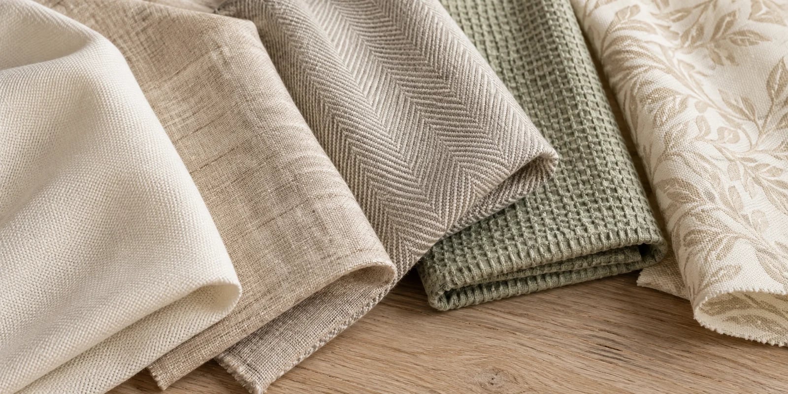 Folded plain, herringbone, waffle and botanical patterned fabrics
