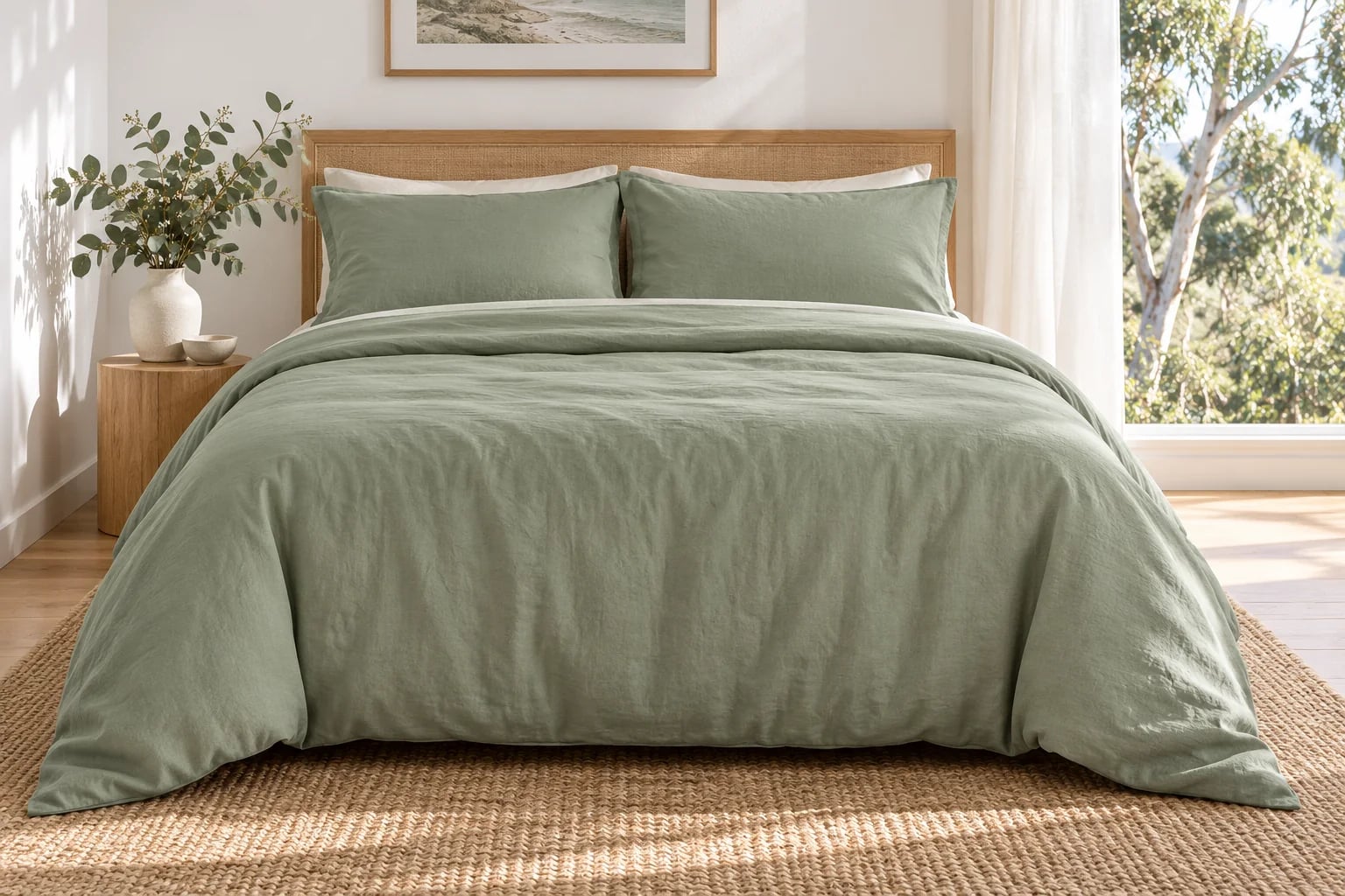 Bed made up in sage bedding the way it is sold in Australia