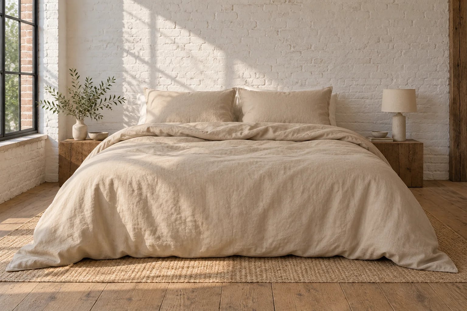 Bed made up in oatmeal bedding the way it is sold in Belgium