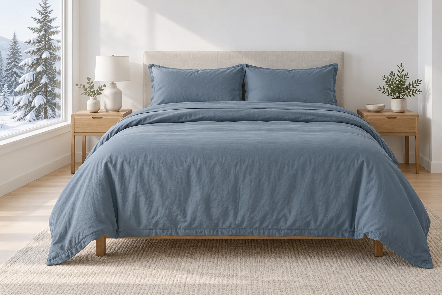 Bed made up in slate blue bedding the way it is sold in Canada