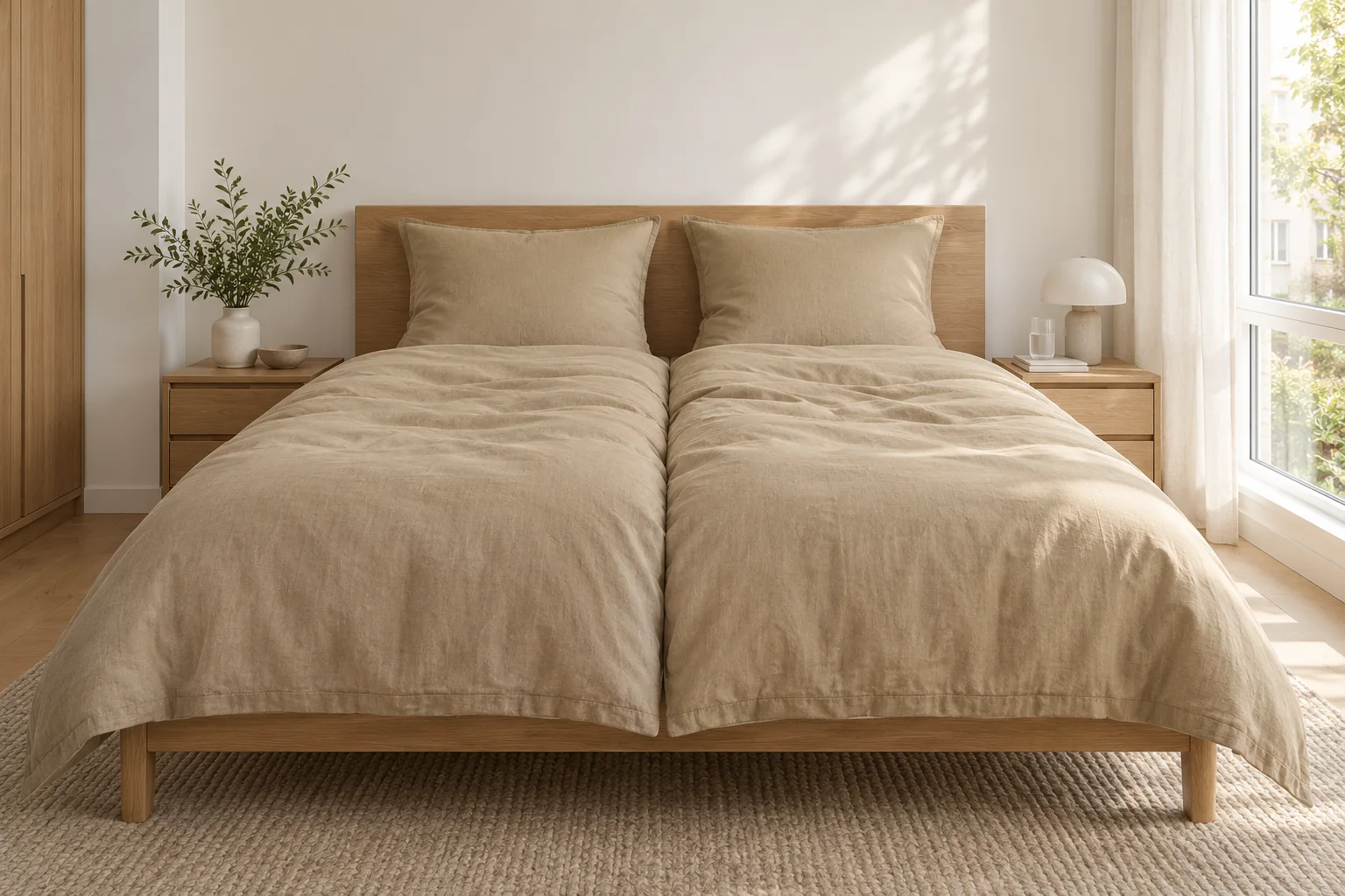 Bed made up in flax bedding the way it is sold in Denmark