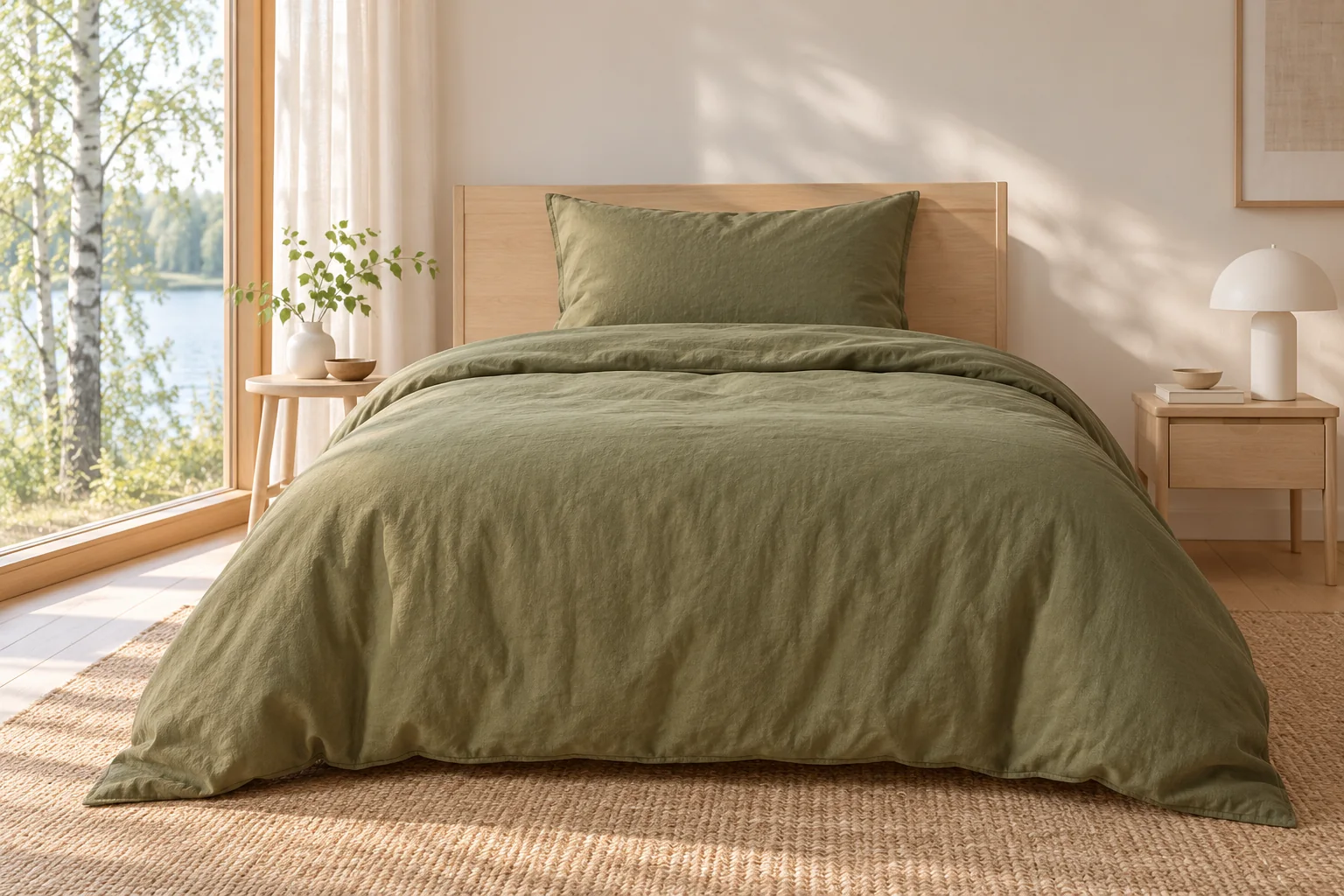 Bed made up in olive bedding the way it is sold in Finland