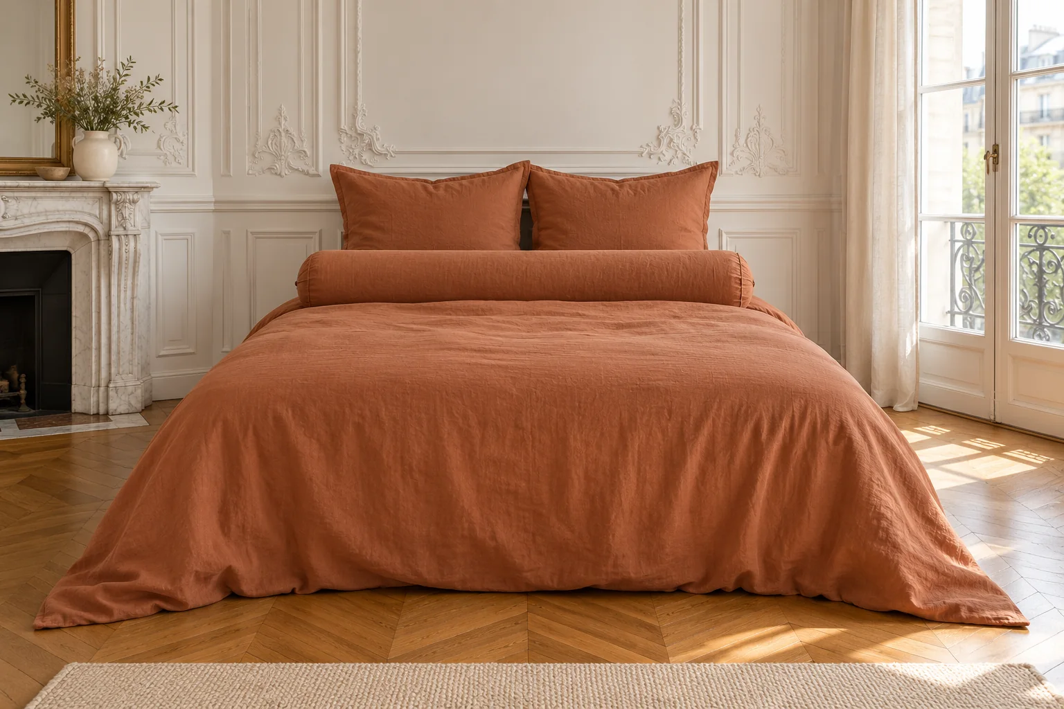 Bed made up in terracotta bedding the way it is sold in France