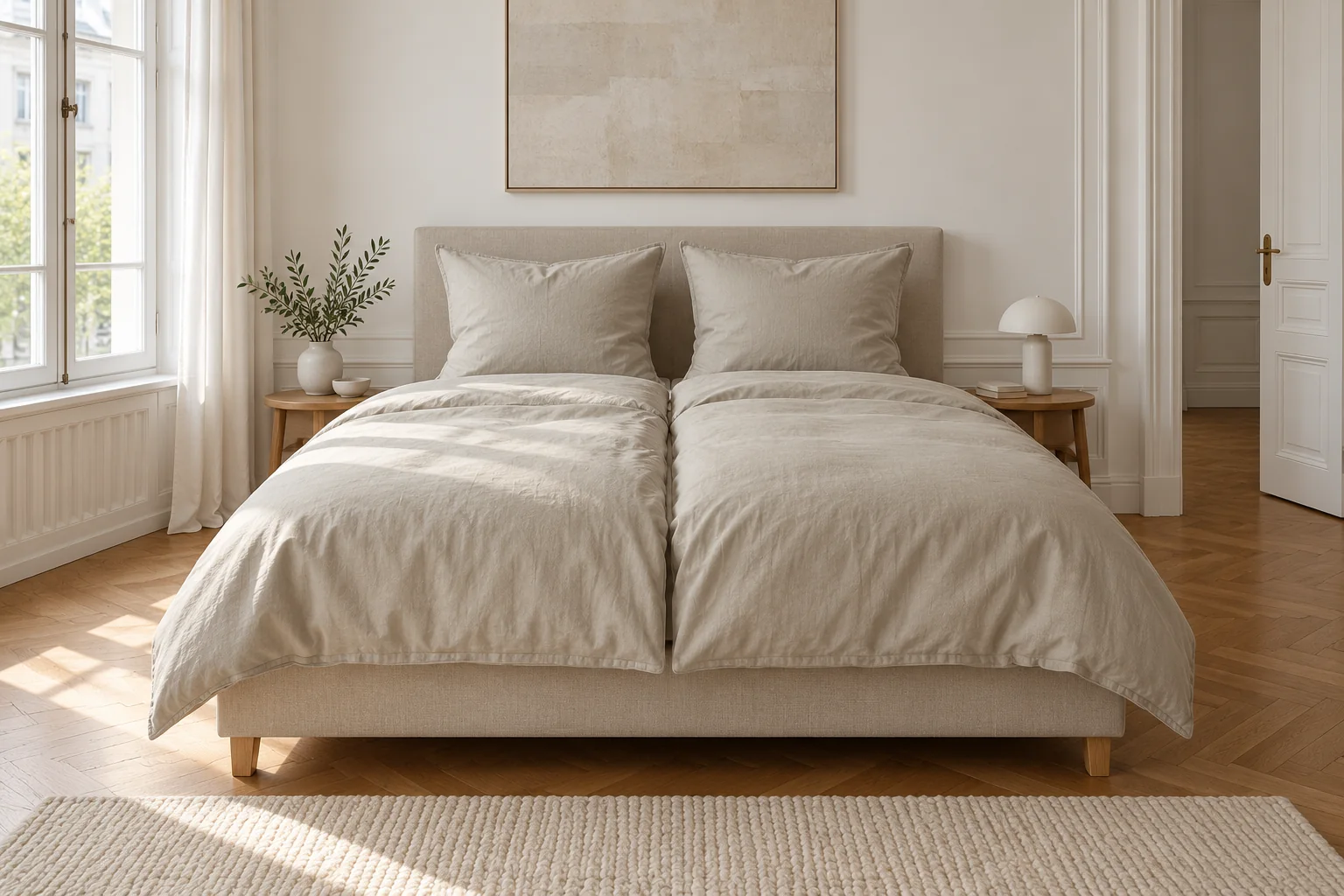 Bed made up in stone bedding the way it is sold in Germany