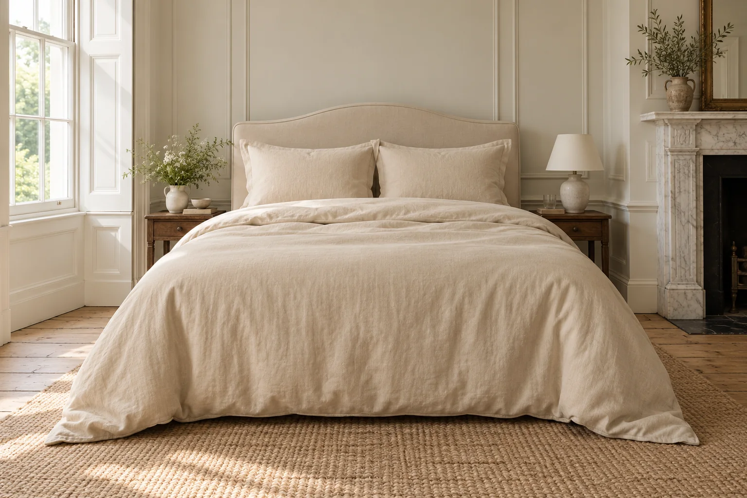 Bed made up in natural linen bedding the way it is sold in Ireland